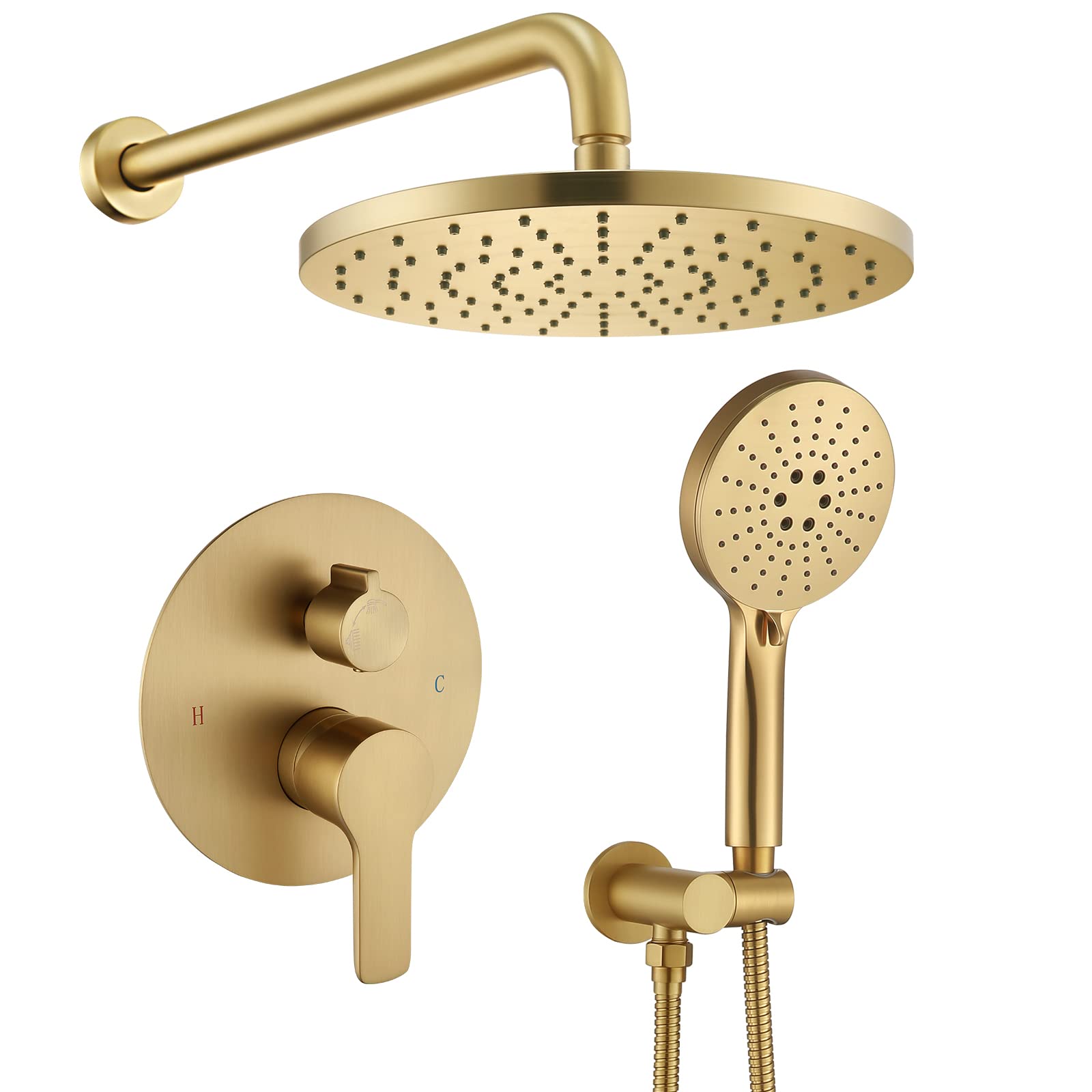 Etokfoks Brushed Gold Wall Mounted Shower System Trim Kit with 10 in Rain Head and Handheld 1 Handle Valve | LETOO81UP