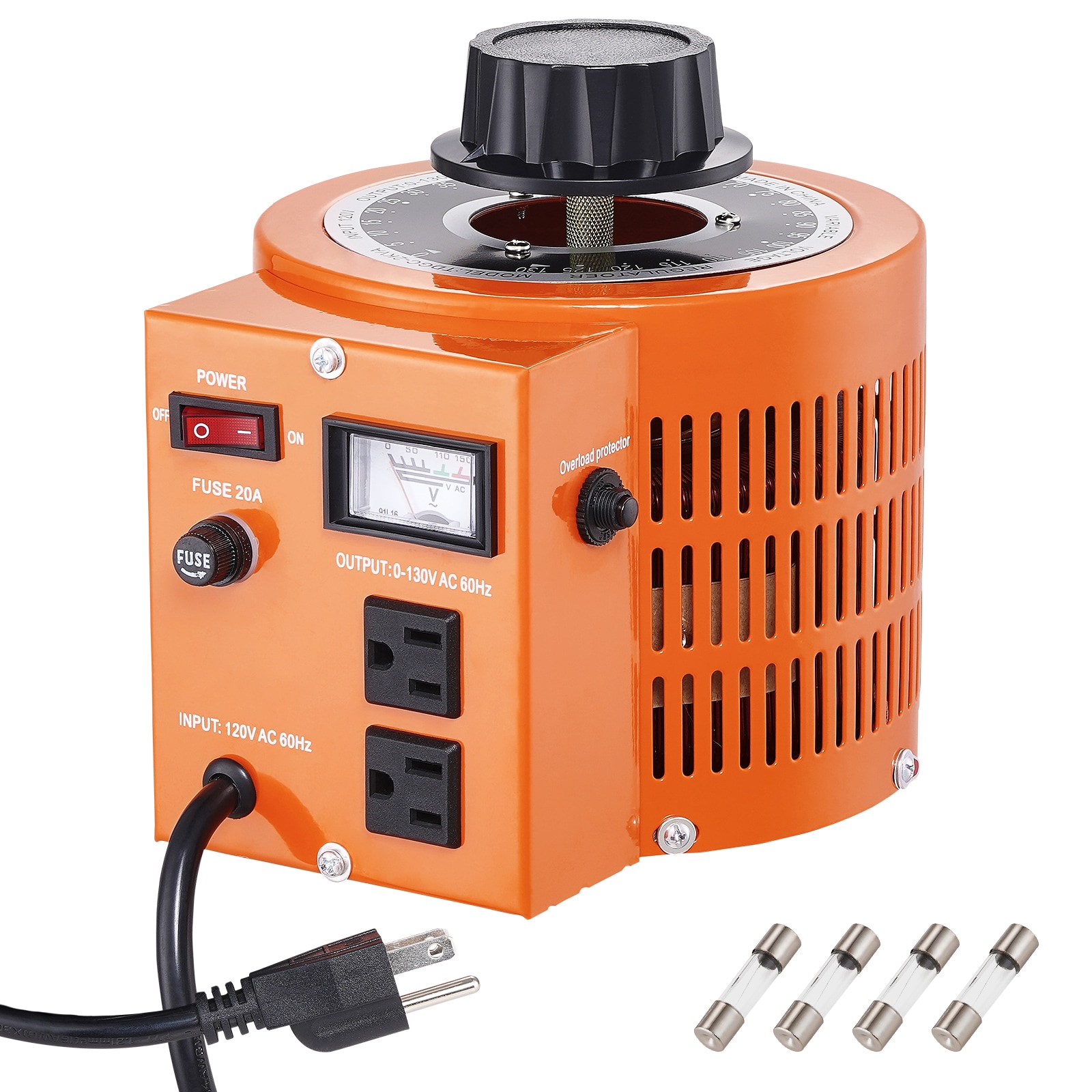 VEVOR SCKBBYQZZBS204220V1 2000VA Auto Variable Voltage Transformer  15.3 Amp  110V Input 0-130V Output AC Voltage Regulator Power Supply  with 4 Extra Fuses Thermal Control Switch for Home Industrial Office