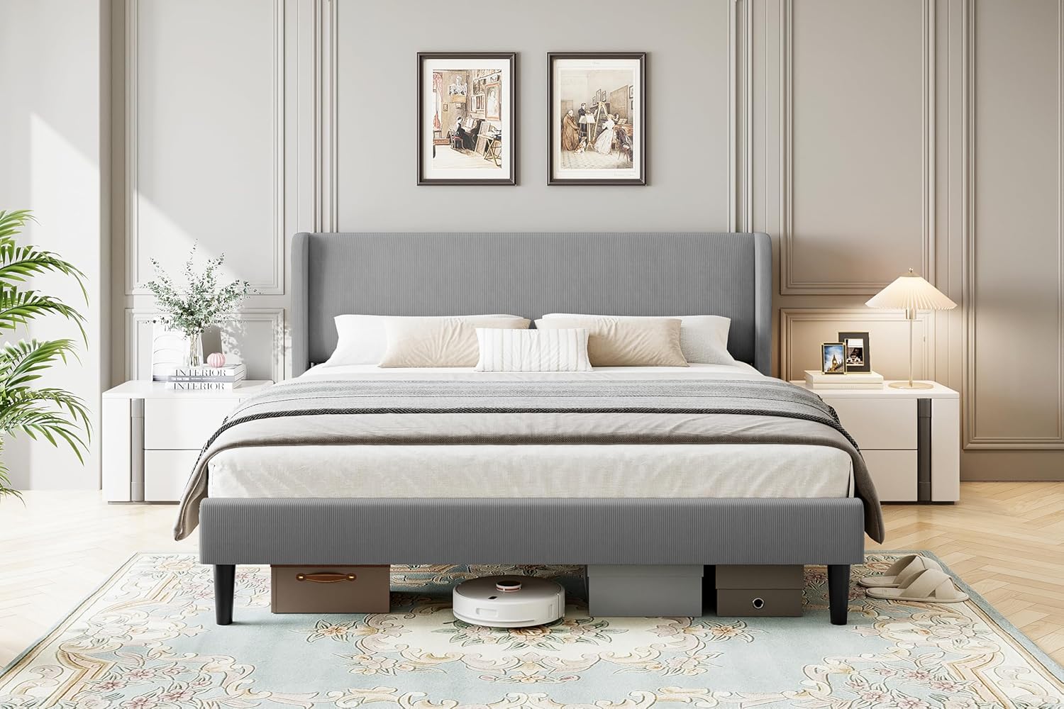 Qeetex DHZ-PHO-14WNYIO7 Upholstered Full Bed Frame with Wingback Headboard Velvet Upholstery Platform Bed No Box Spring Needed Durable Wood Slats Support Easy Assembly Light Grey