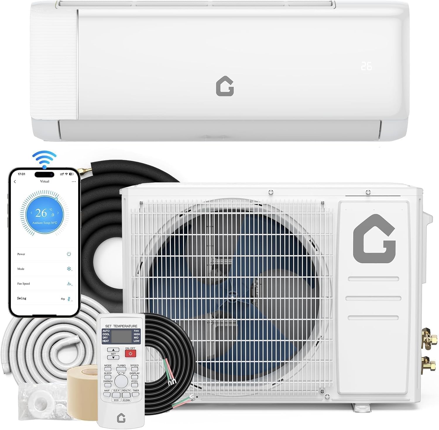 Garvee 18000 BTU WiFi Alexa Wall Mounted Mini Split Air Conditioner -  Cooling Heating Dehumidification Fan/  208-230V 1250 Sq Ft -  Large Bedroom Living Room Retail Store/  White