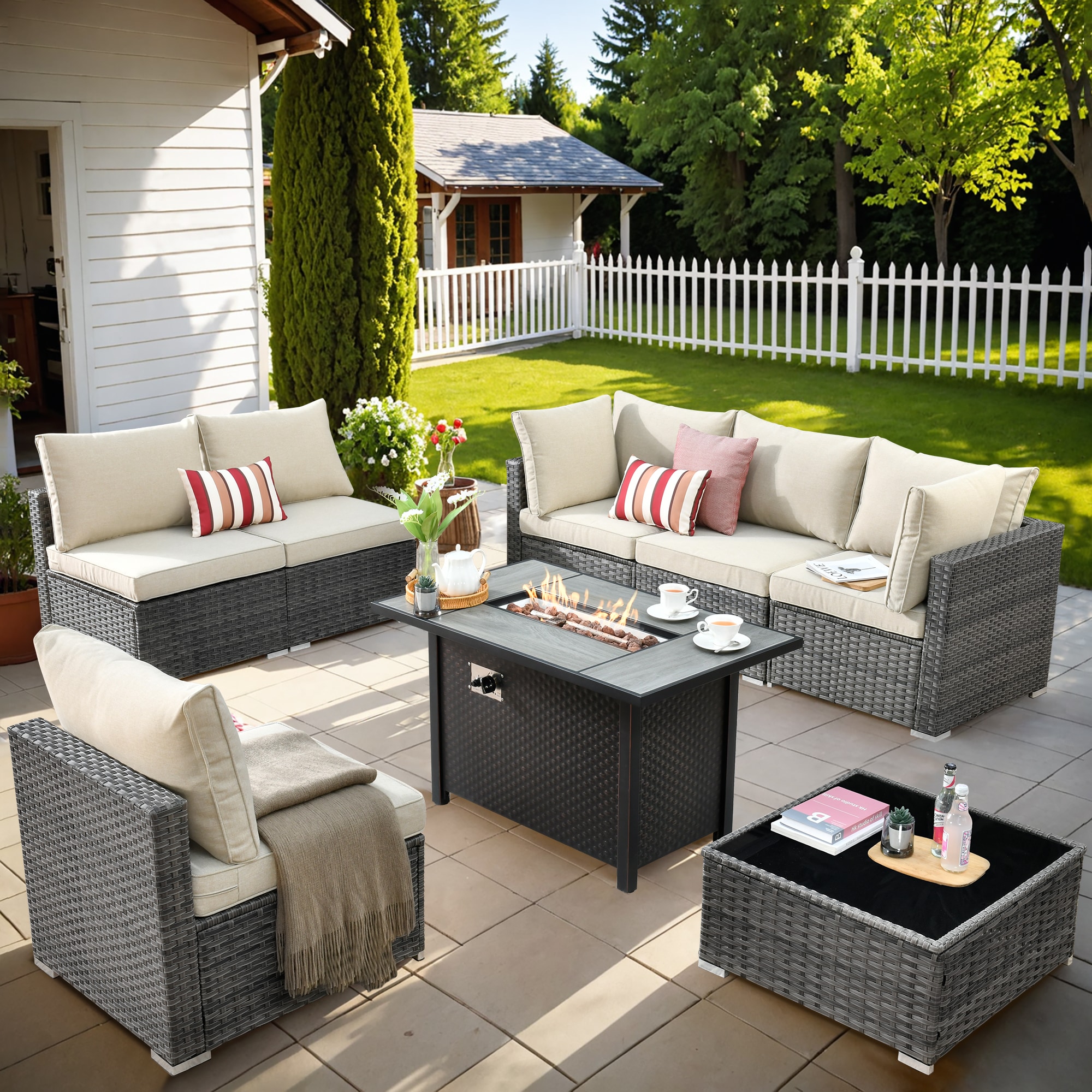 Pouuin SYZHOP605 Wicker Outdoor Sectional with Beige Cushions and Wicker Frame