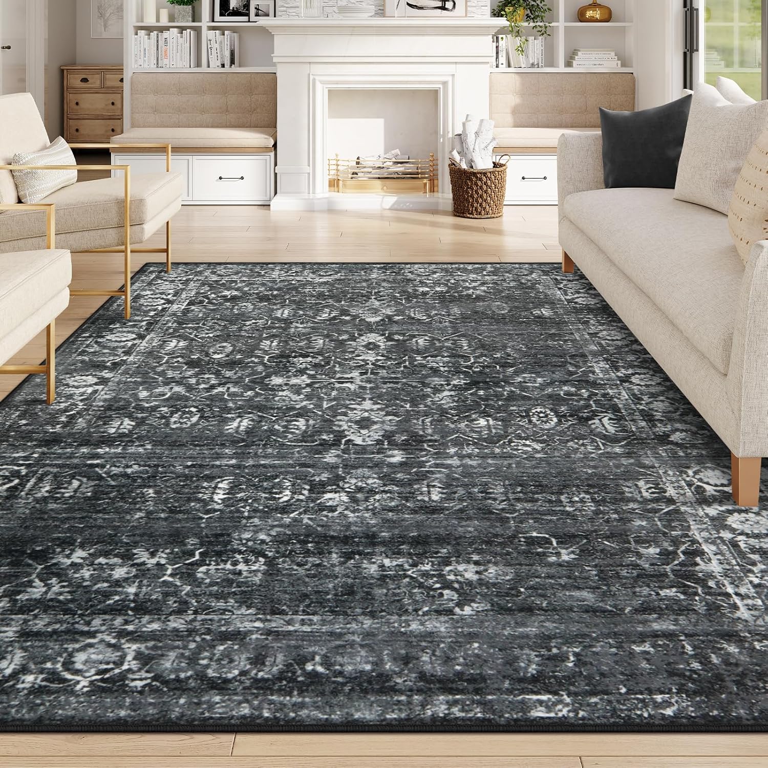 Lahome AR-ZZR-006-B1 8 x 10 (ft) Black Vintage Flow Pearl Velvet Rectangular Indoor Area Rug