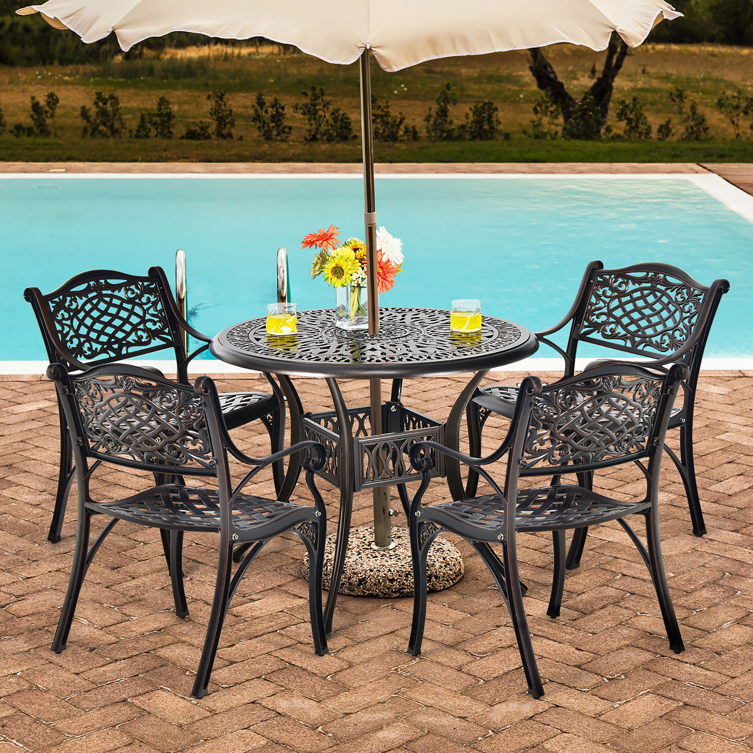 Costway Round Outdoor Dining Table 36-in W x 36-in L with Umbrella Hole ...