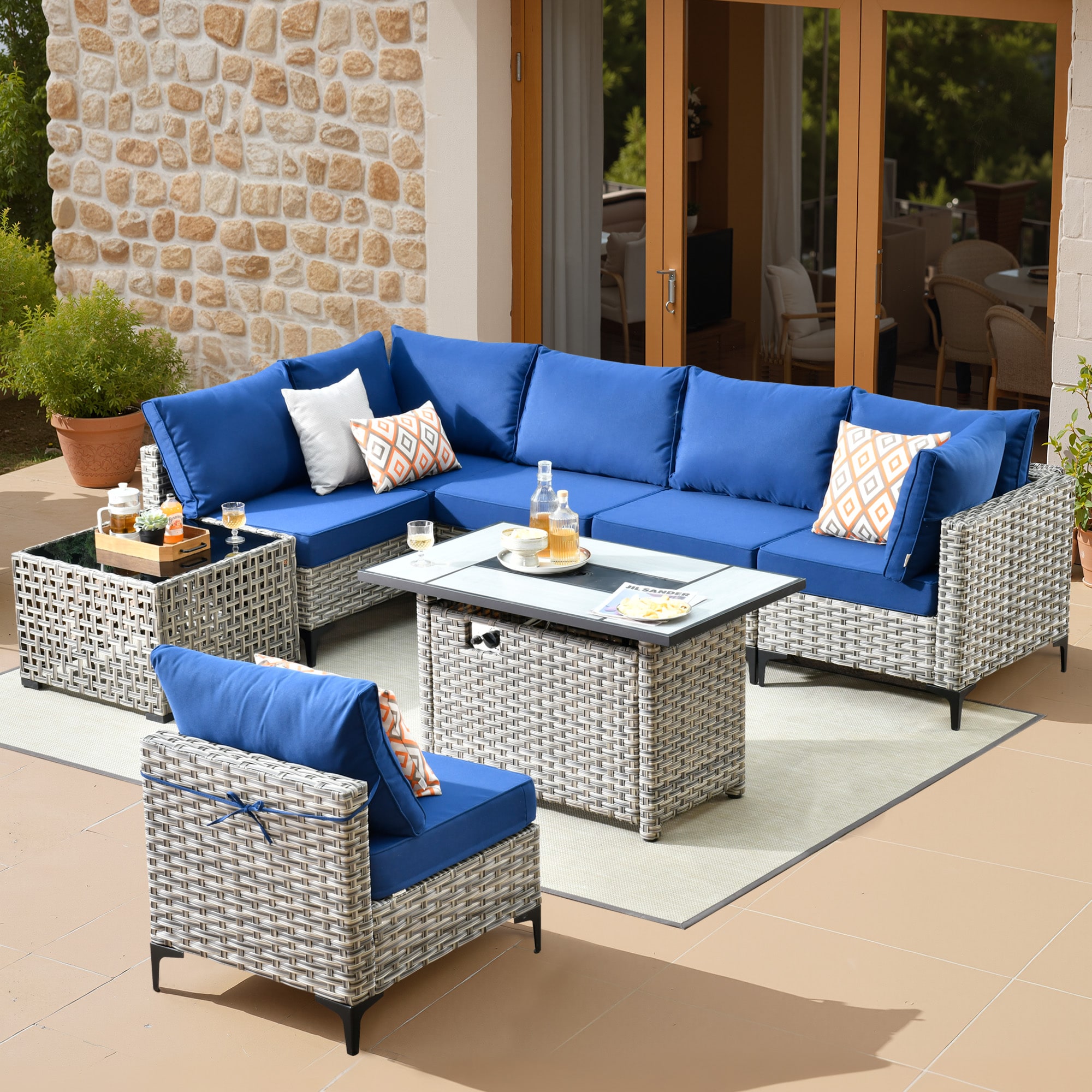 ALTRIGUS 6L-CFP-SKT708-AL 8 -Piece Wicker Patio Sofa Conversation Set with Navy Cushions