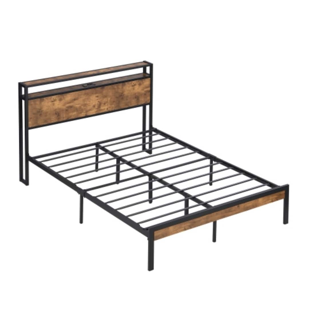 Queen Black Metal Platform Bed Frame with Wooden Headboard and Storage