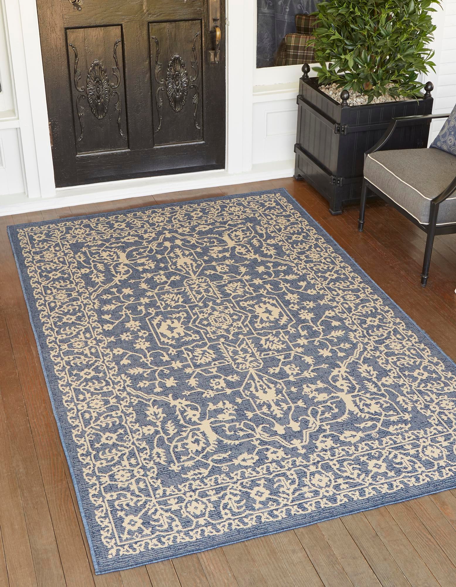 Unique Loom 3135504 Allover Outdoor 9 x 12 (ft) Loomed Polypropylene Navy Blue/Beige Rectangular Indoor/Outdoor Medallion Area rug
