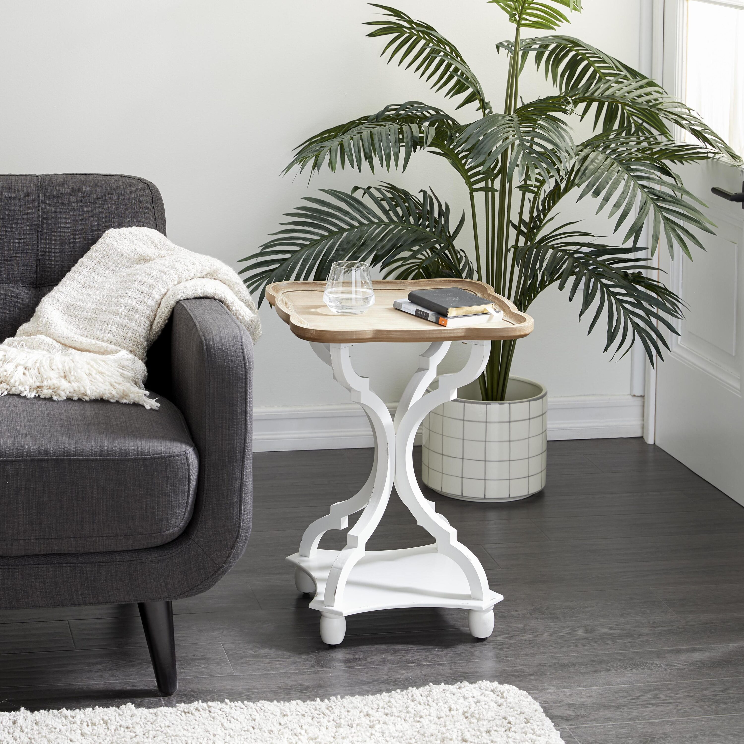 White and Brown Wood Rectangular Farmhouse Accent Table with Spindle Legs