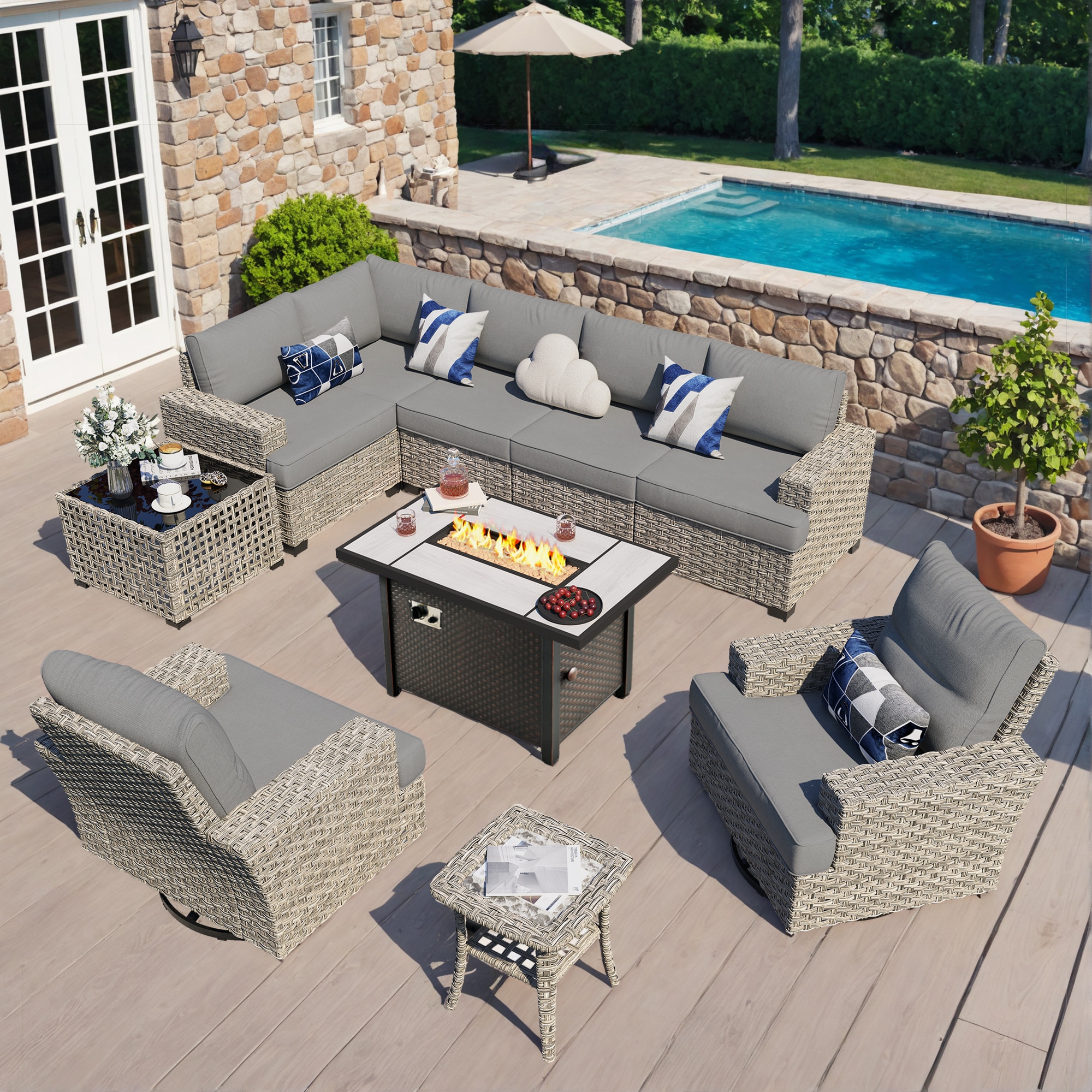 XIZZI XITBS2010C5-RC3IFP Agate 9 -Piece Rattan Patio Sofa Conversation Set with Dark Gray Cushions