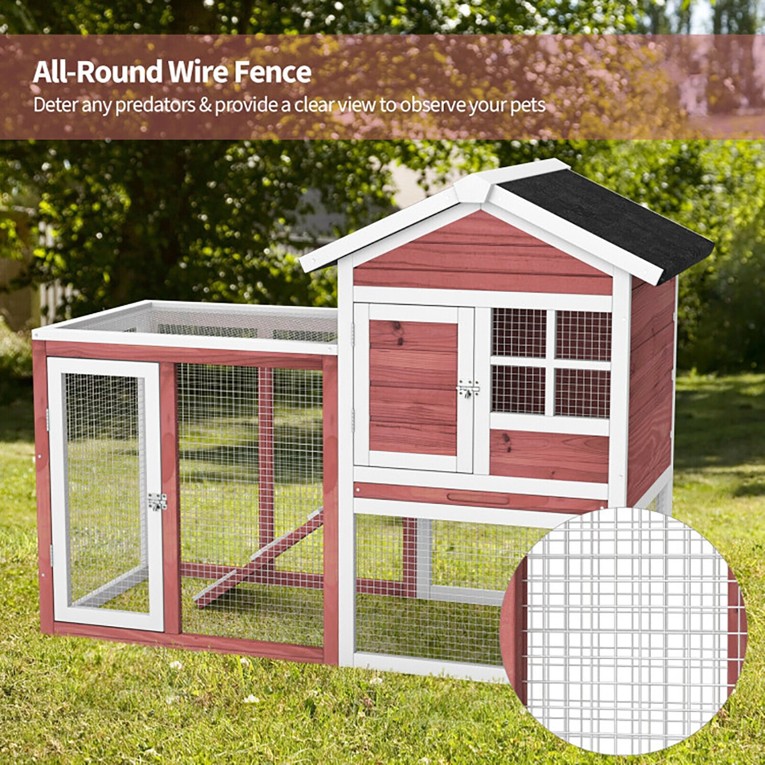 White and Red 2-Story Wooden Rabbit Hutch with Ramp
