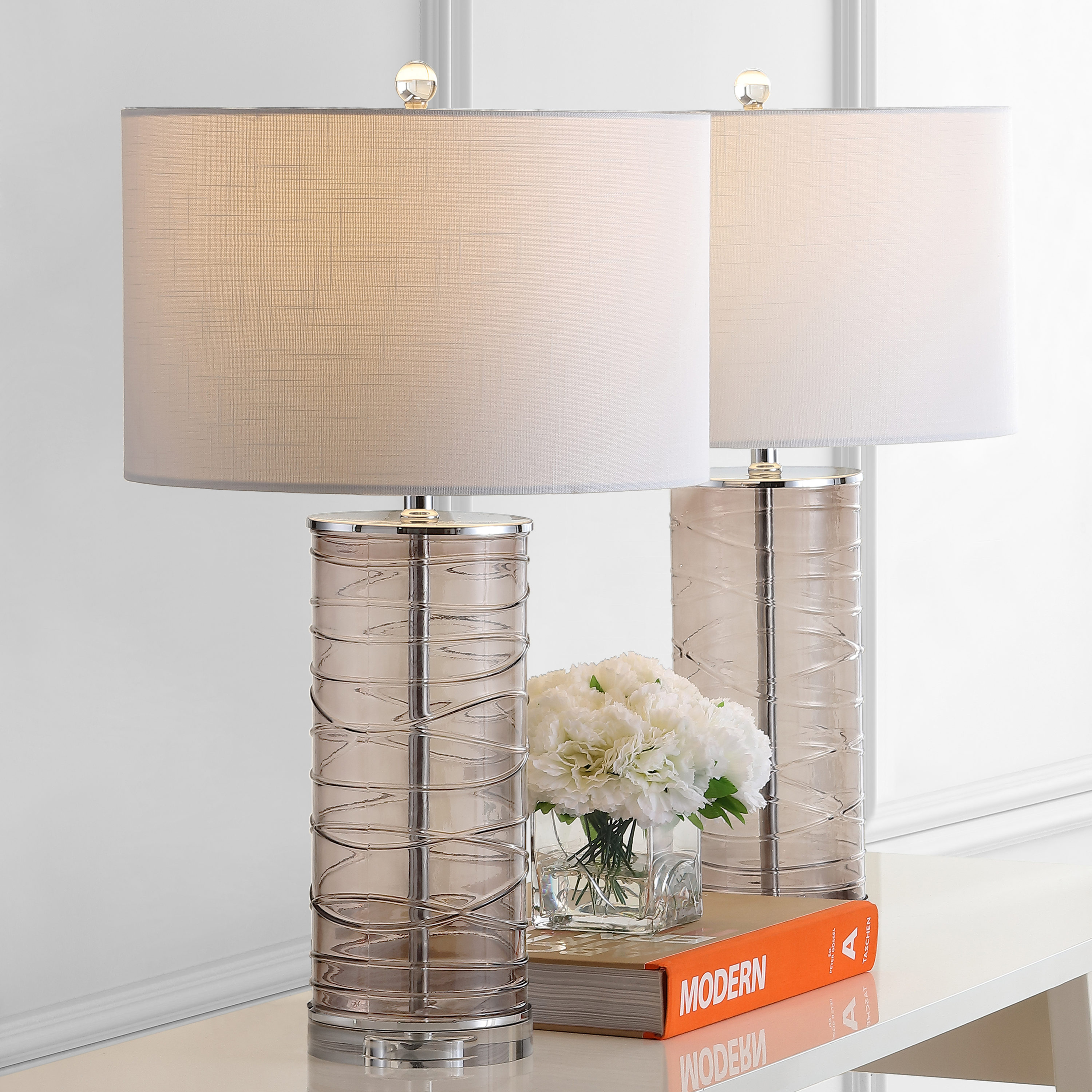JONATHAN  Y JYL4016C-SET2 Cole Modern Fused Glass Cylinder Coastal Glam 27.5-in Smoky Gray LED Incandescent Rotary socket Table Lamp with Linen Shade 2 -Set