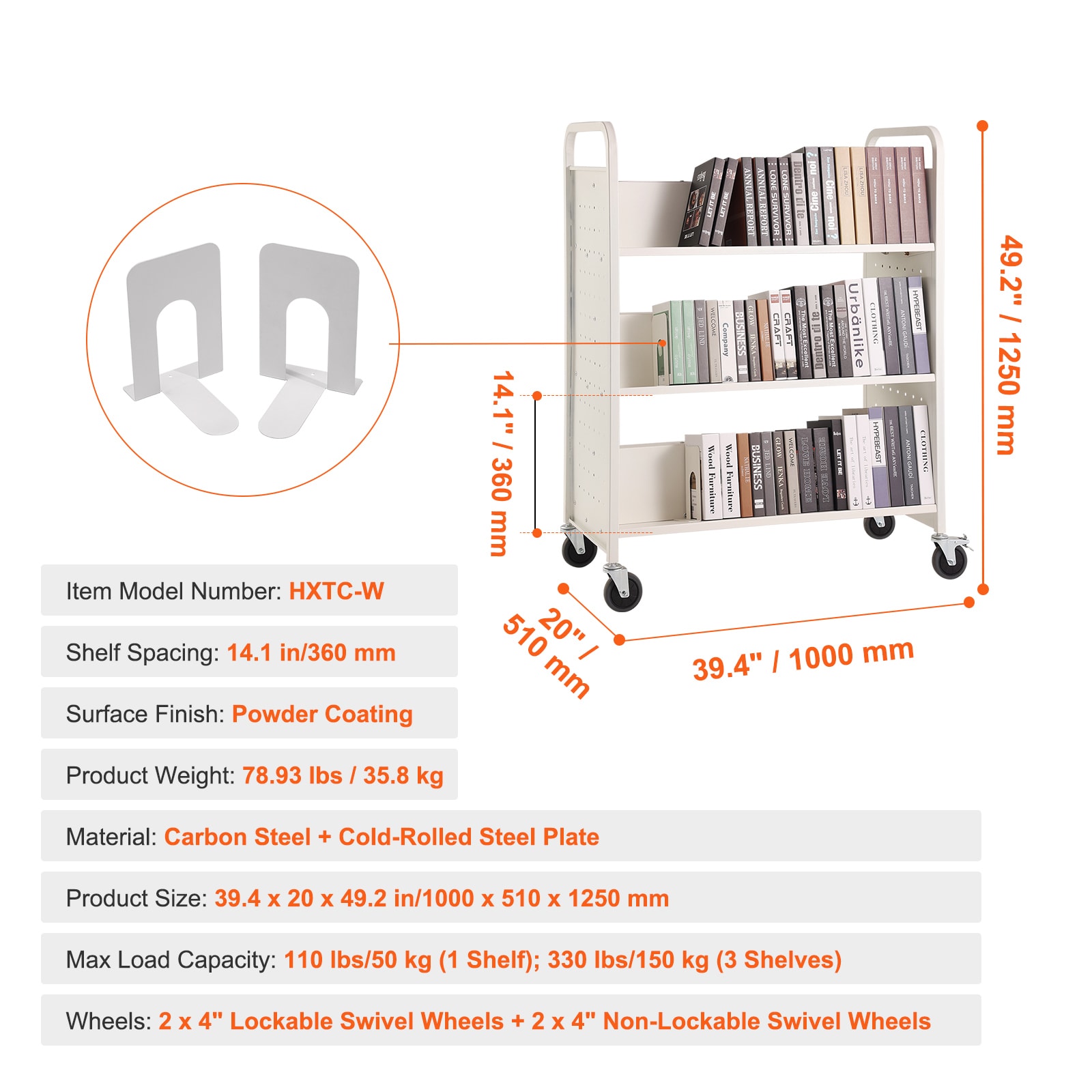 White Double-Sided Rolling Book Cart with Lockable Wheels