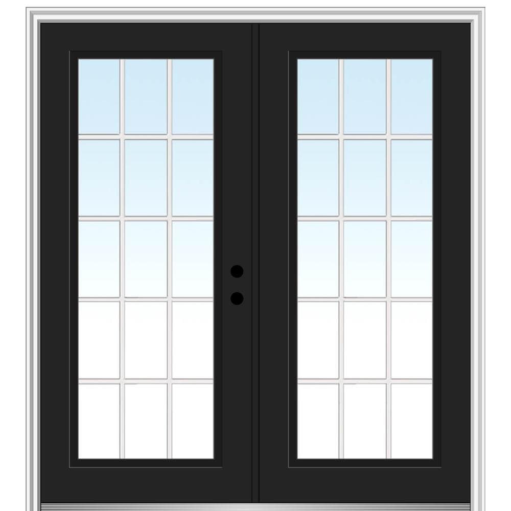 MMI DOOR ZZ13069L 60-in x 80-in x 4-9/16-in Fiberglass Full lite Left-hand inswing Black Painted Prehung Double Front Door with Brickmould Insulating core with Grilles