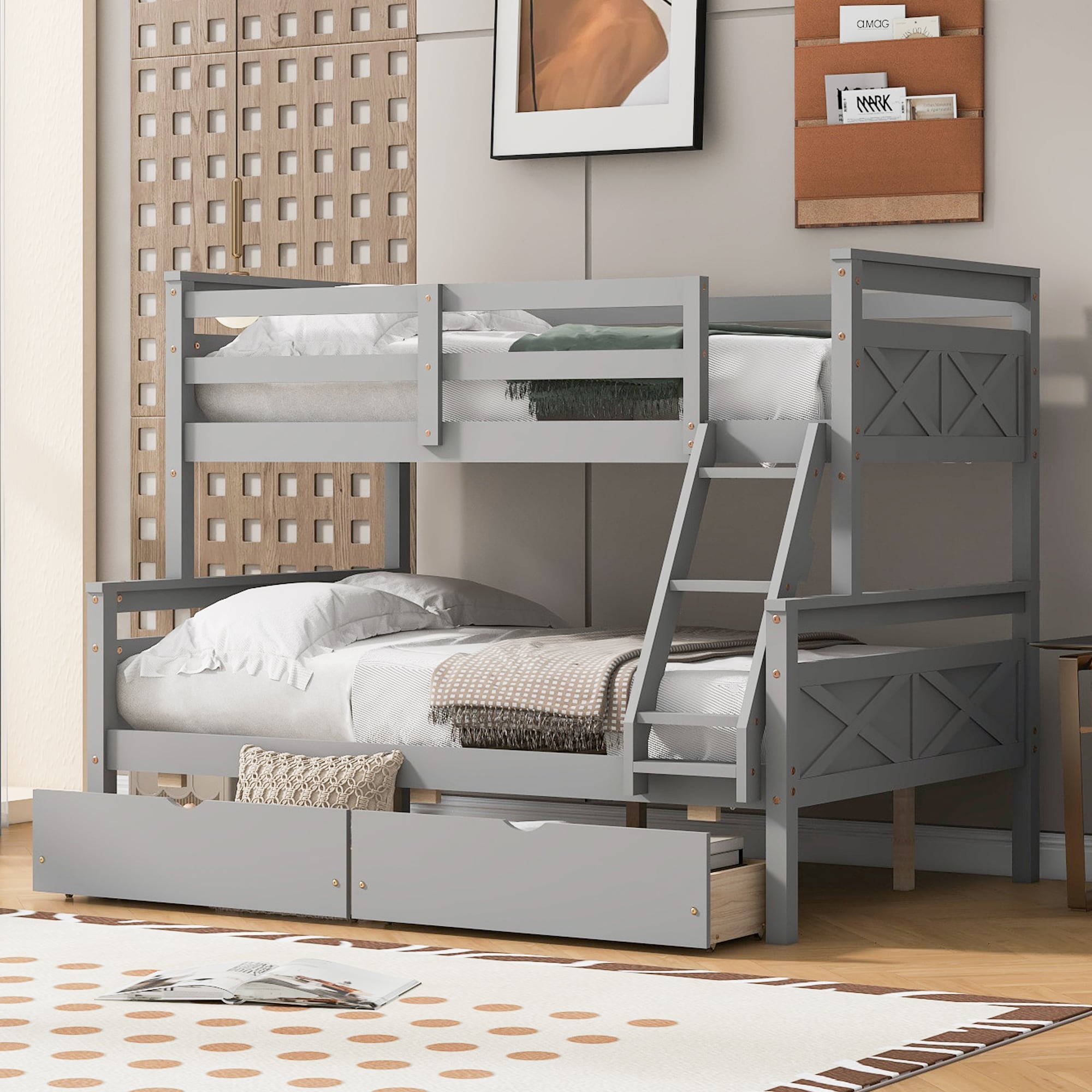 ModernLuxe SM000119AAE-1 Twin over Full Bunk Bed with Ladder Two Storage Drawers Safety Guardrail Gray