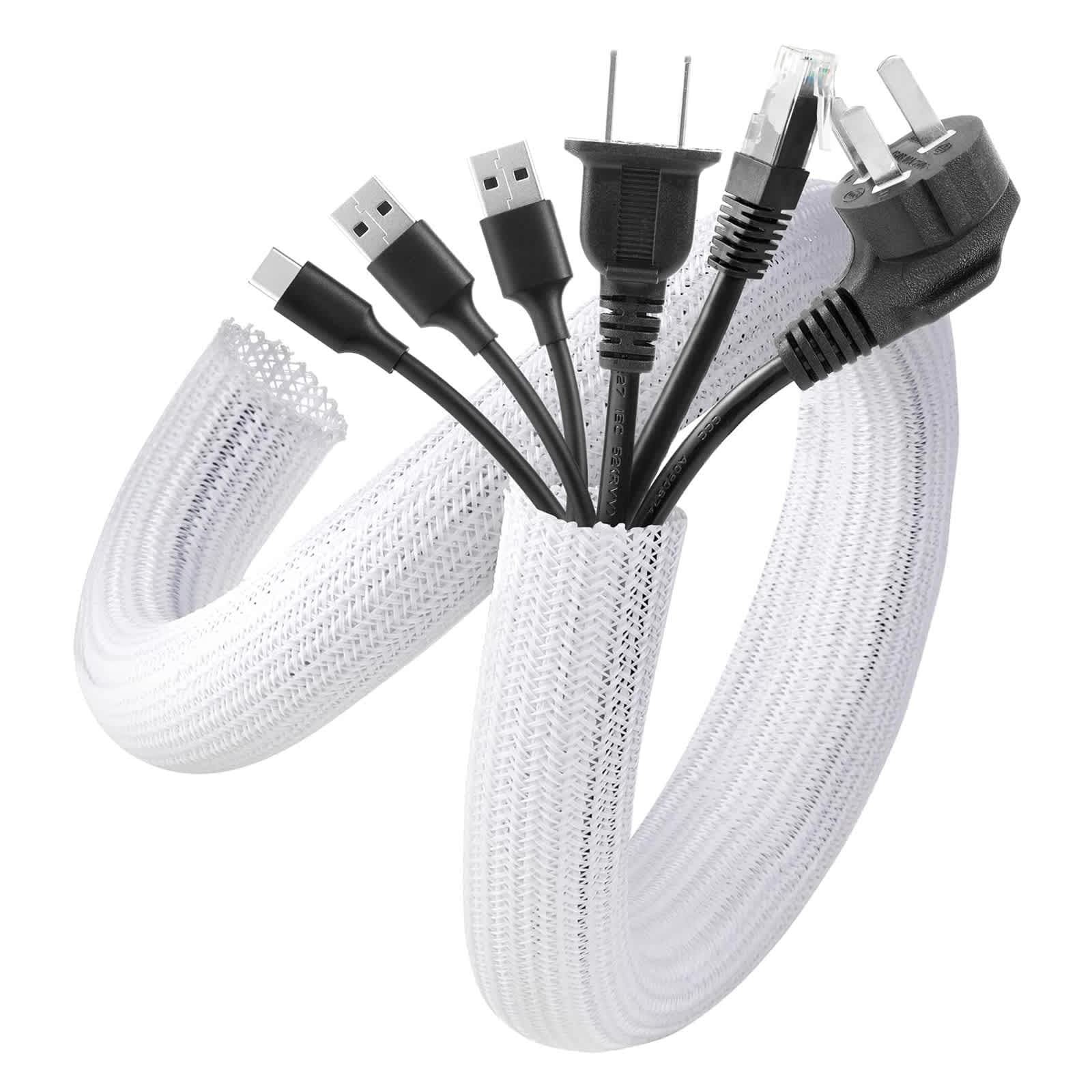 Etokfoks White Cable Sleeve Cover 2 Pack 5ft 1.2 Inch Desk Cord Organizer Cable Hider Home Office Wire Management Computer TV Wire Loom Tubing Pet Proof Cord Protector #EFT1013F335