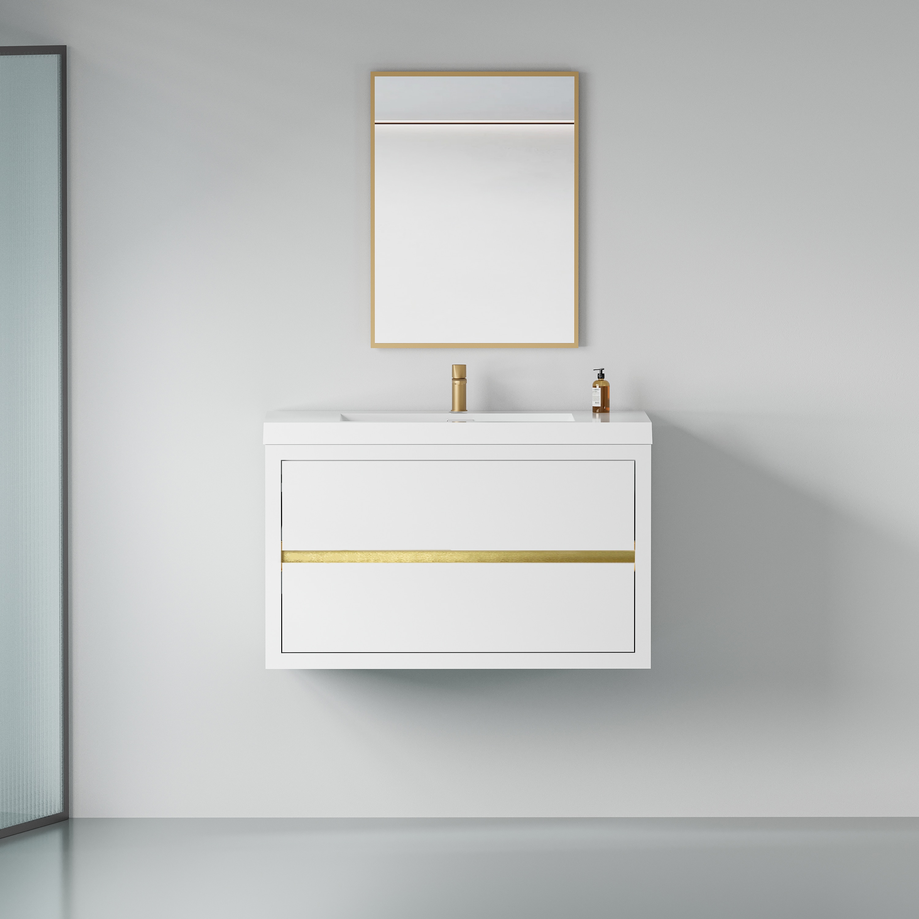 CASAINC WF-JMJ-BCB 1040 WH Wall-Mounted Bathroom Vanity Floating Storage with Sink 36-in Glossy White Undermount Single Sink Bathroom Vanity with Glossy White Engineered Stone Top