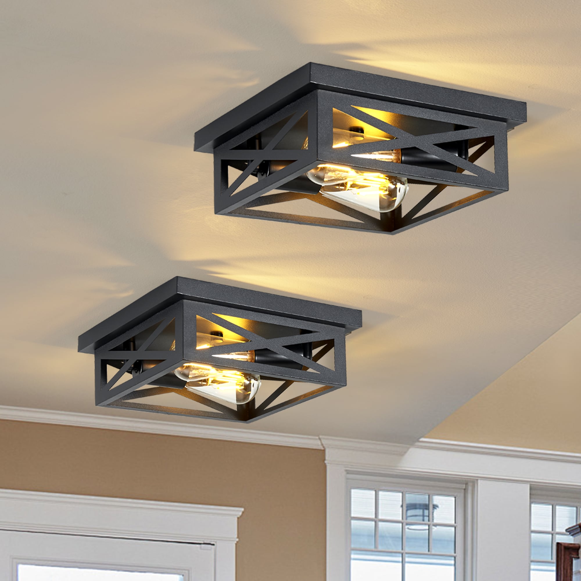 DAKAFUL 9.84 in. 2-lights Matte Black Industrial Square Flush Mount Ceiling Light Fixtures 2-Pack
