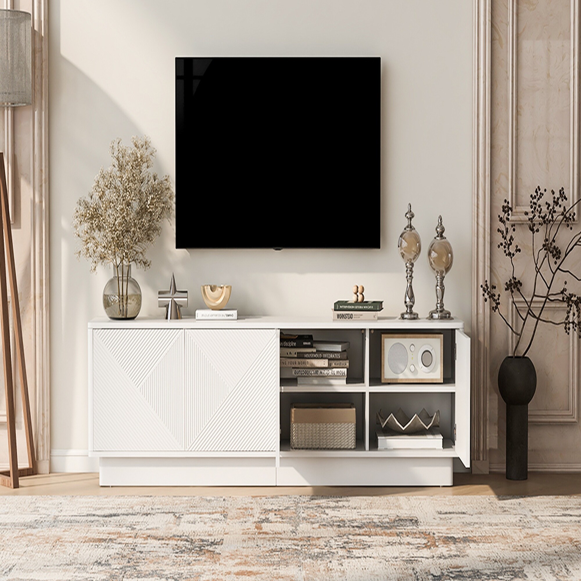 Vorene U Can Modern 4 Door TV Stand with Wave Design Cabinet Adjustable ...