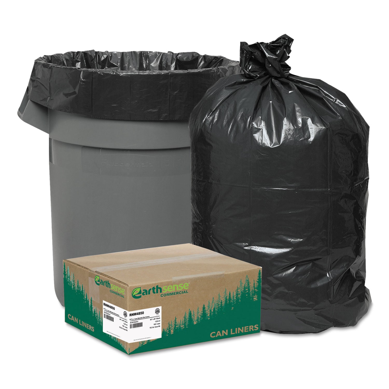 EARTHSENSE Linear Low Density Recycled Can Liners 45 Gallon 1.25 mil 40 in x 46 in Black 10 Bags/Roll 10 Rolls/Carton