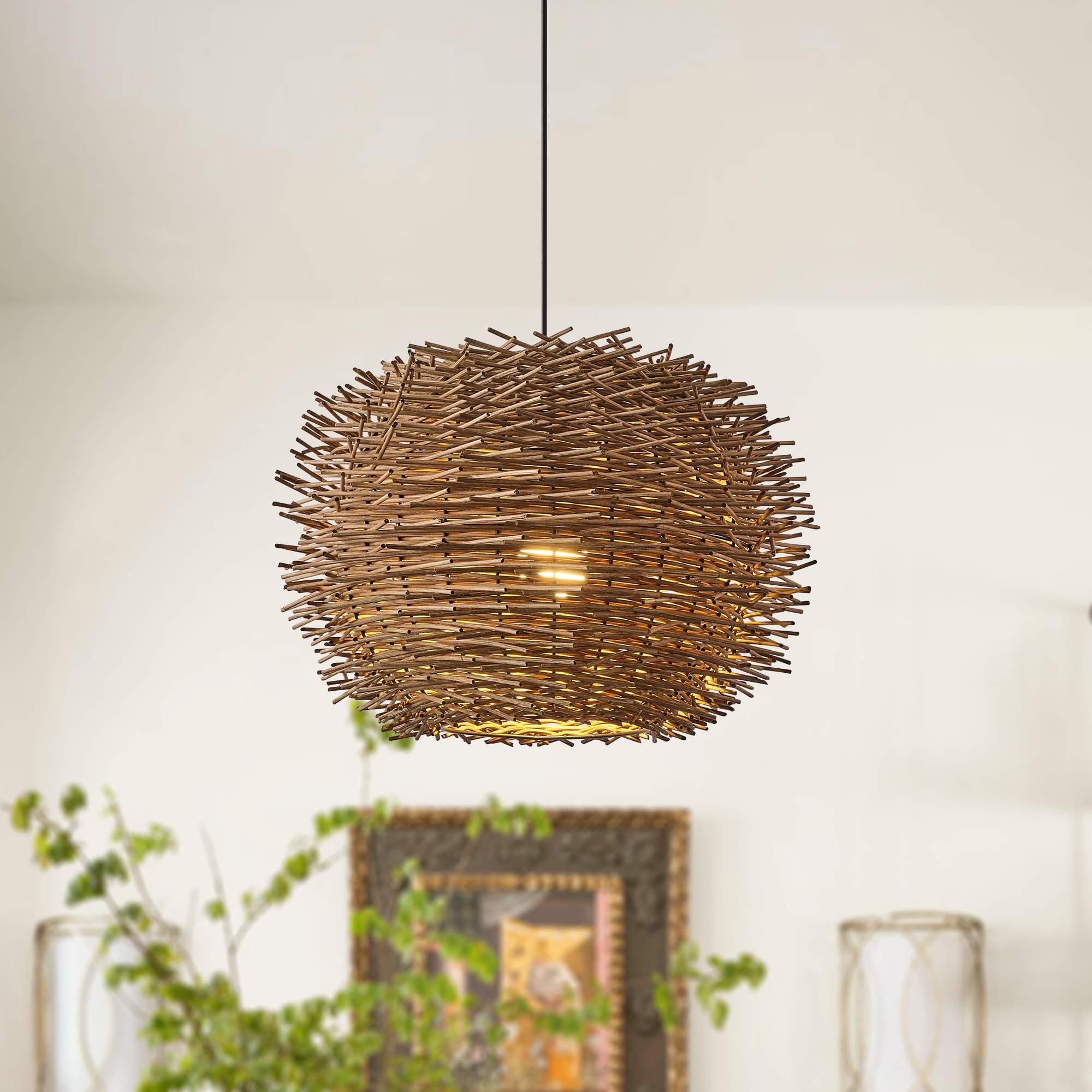 Parrot Uncle 1 -Light Matte Black Bohemian/global Rattan Globe Small Hanging Pendant Light