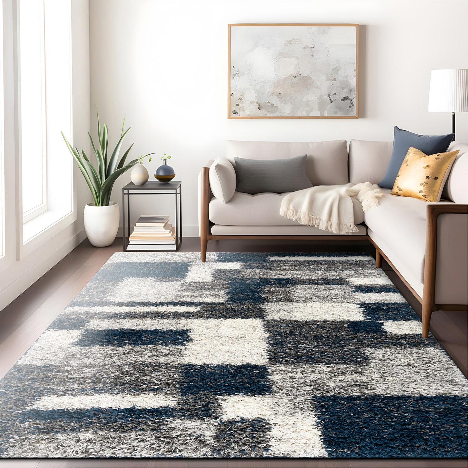 Navy and Gray Rectangular Synthetic Shag Area Rug 5' x 7'