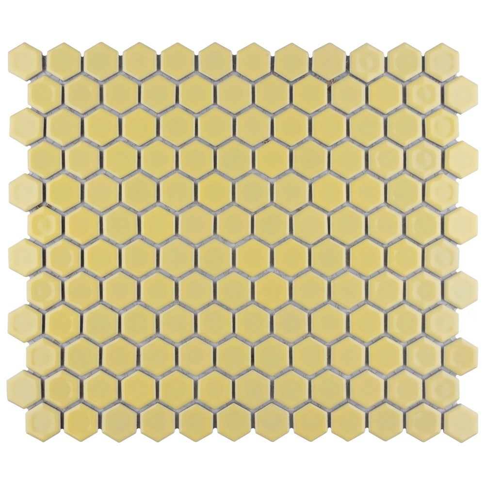 Affinity Tile FPLH1X06 Hudson 1 in. Hex Vintage Yellow 12-in x 13-in Glossy Porcelain Stone Look Hexagon Mosaic Floor and Wall Tile (11.2-sq. ft/ Carton)
