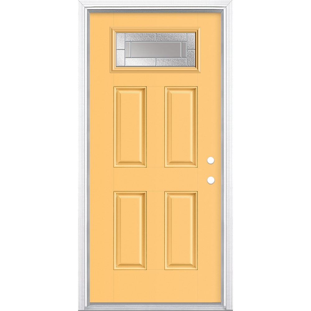 Masonite 3420001 Focus 36-in x 80-in x 4-9/16-in Fiberglass 1/4 lite Left-hand inswing Cabana Yellow Painted Prehung Front Door with Brickmould Insulating core