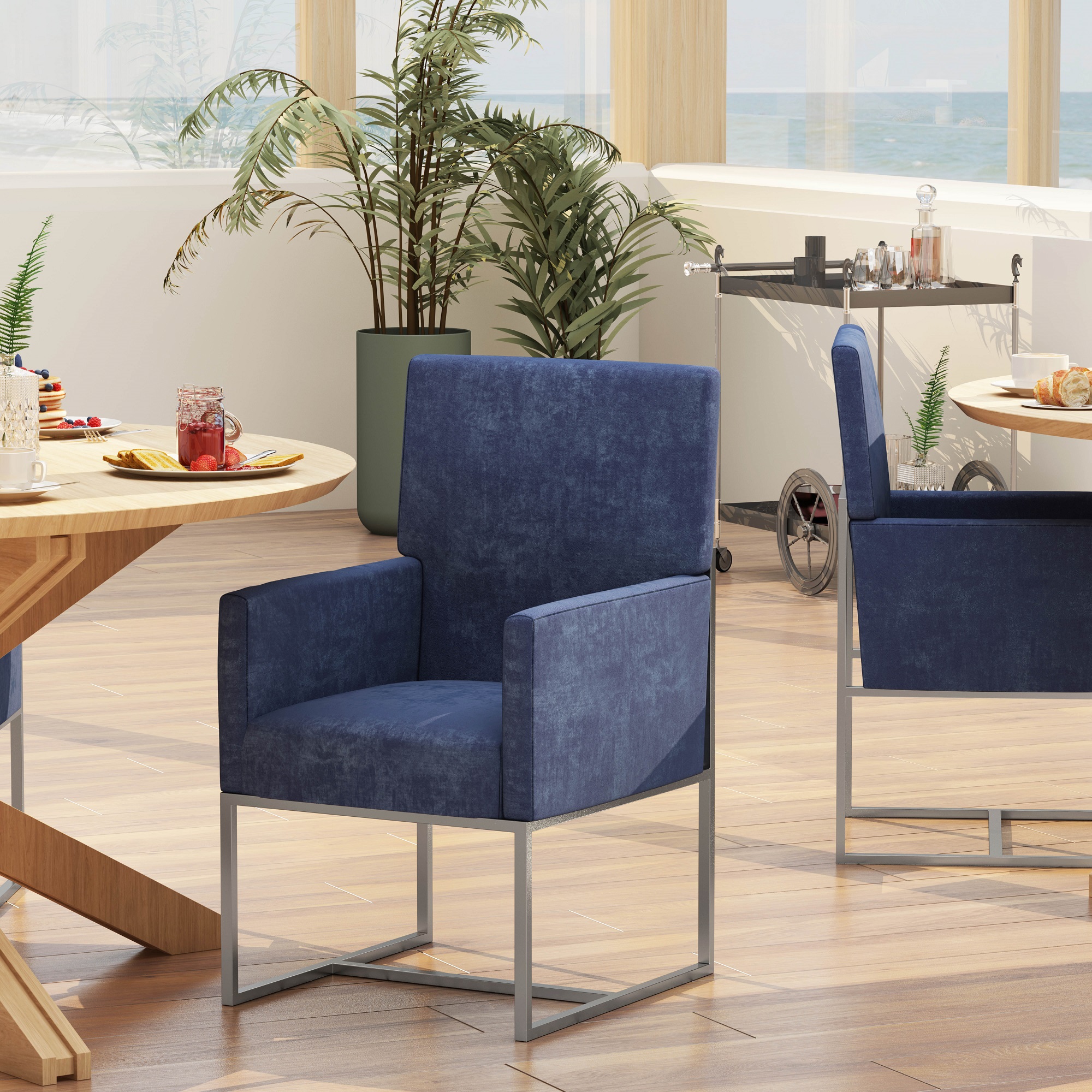 Manhattan Comfort 2-DC029-BL Set of 2 Contemporary/Modern Velvet Upholstered Dining arm chair ( Metal Frame )