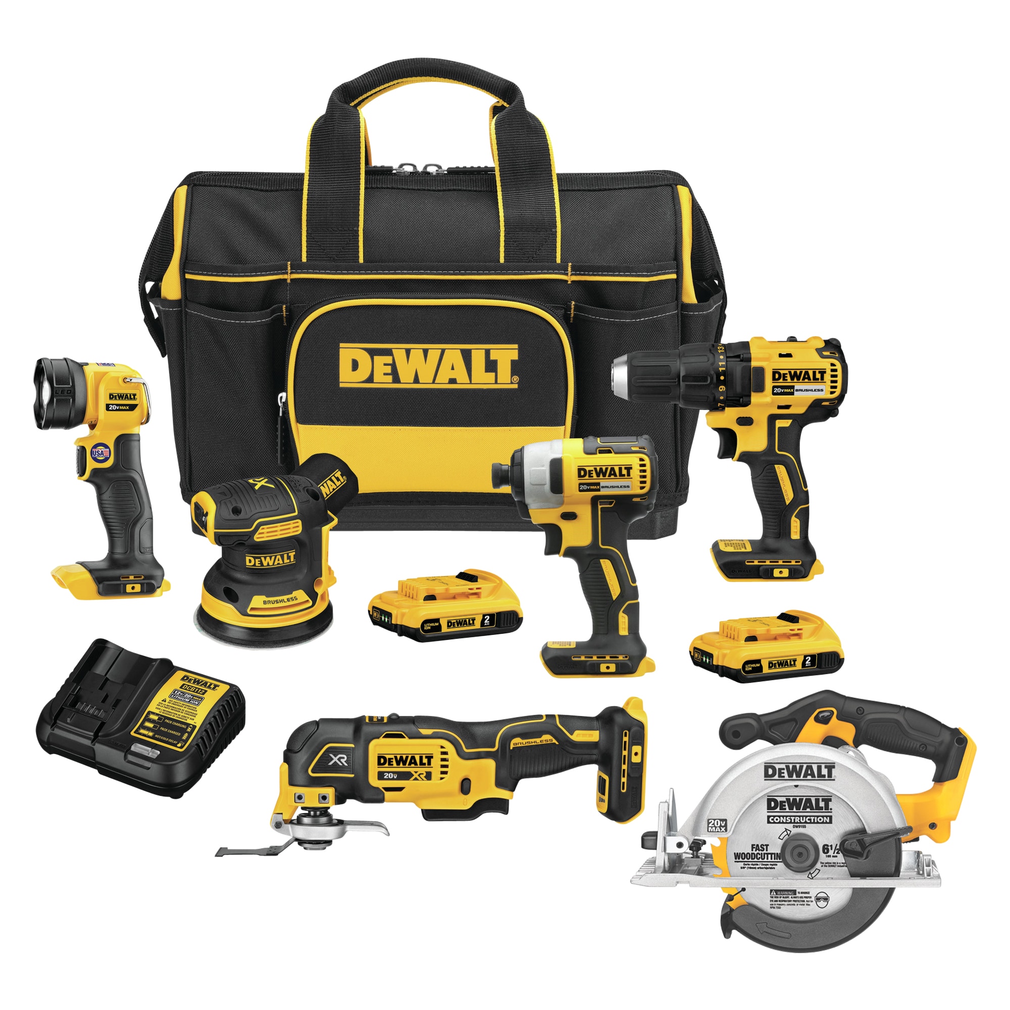 DEWALT 5-Tool 20-Volt Max Brushless Power Tool Combo Kit with Soft Case (2-Batteries and charger Included) & 20-Volt Max 6-1/2-in Cordless Circular