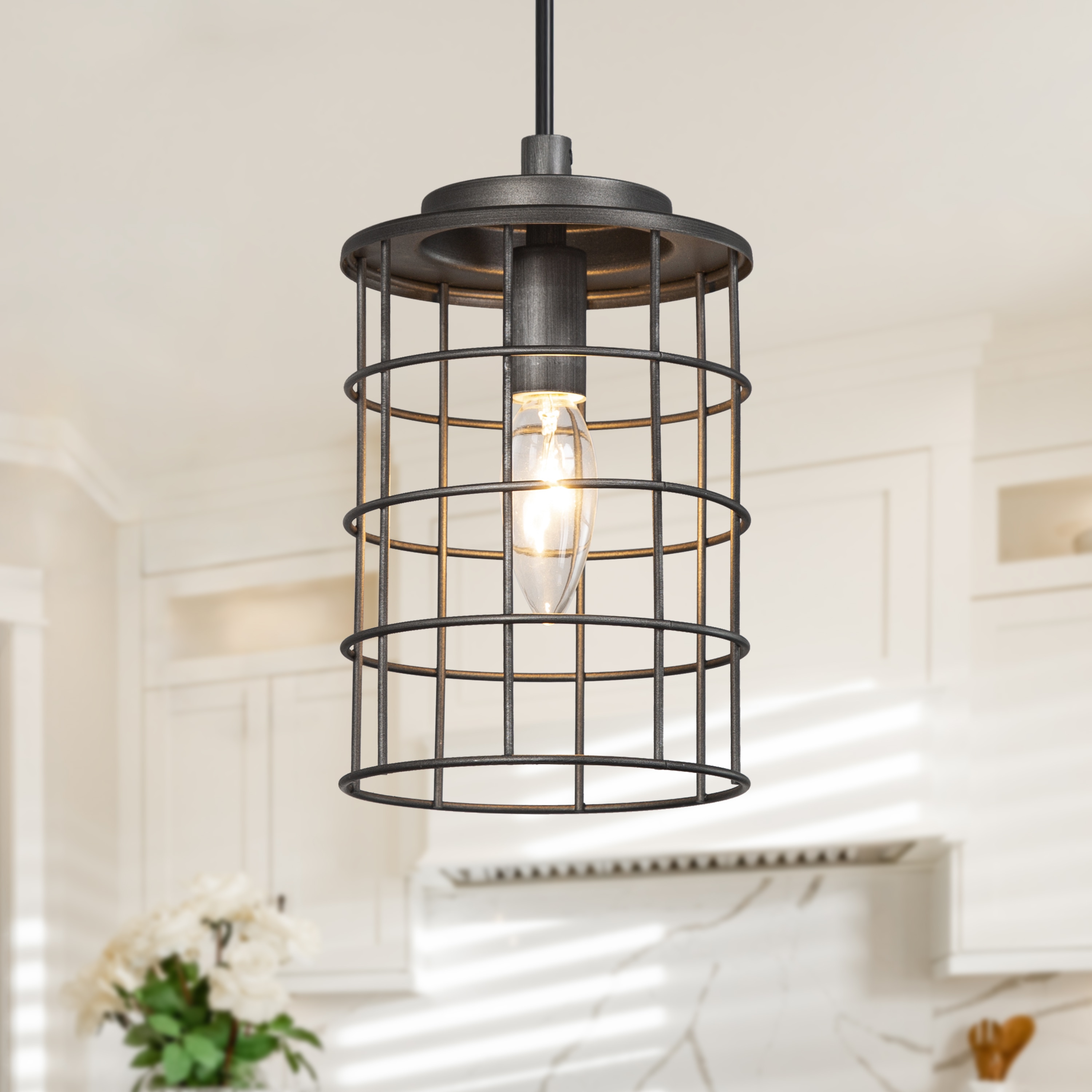 LNC Mocha 1 -Light Antique black with brushed silver Industrial Metal Cylinder Mini Hanging Pendant Light