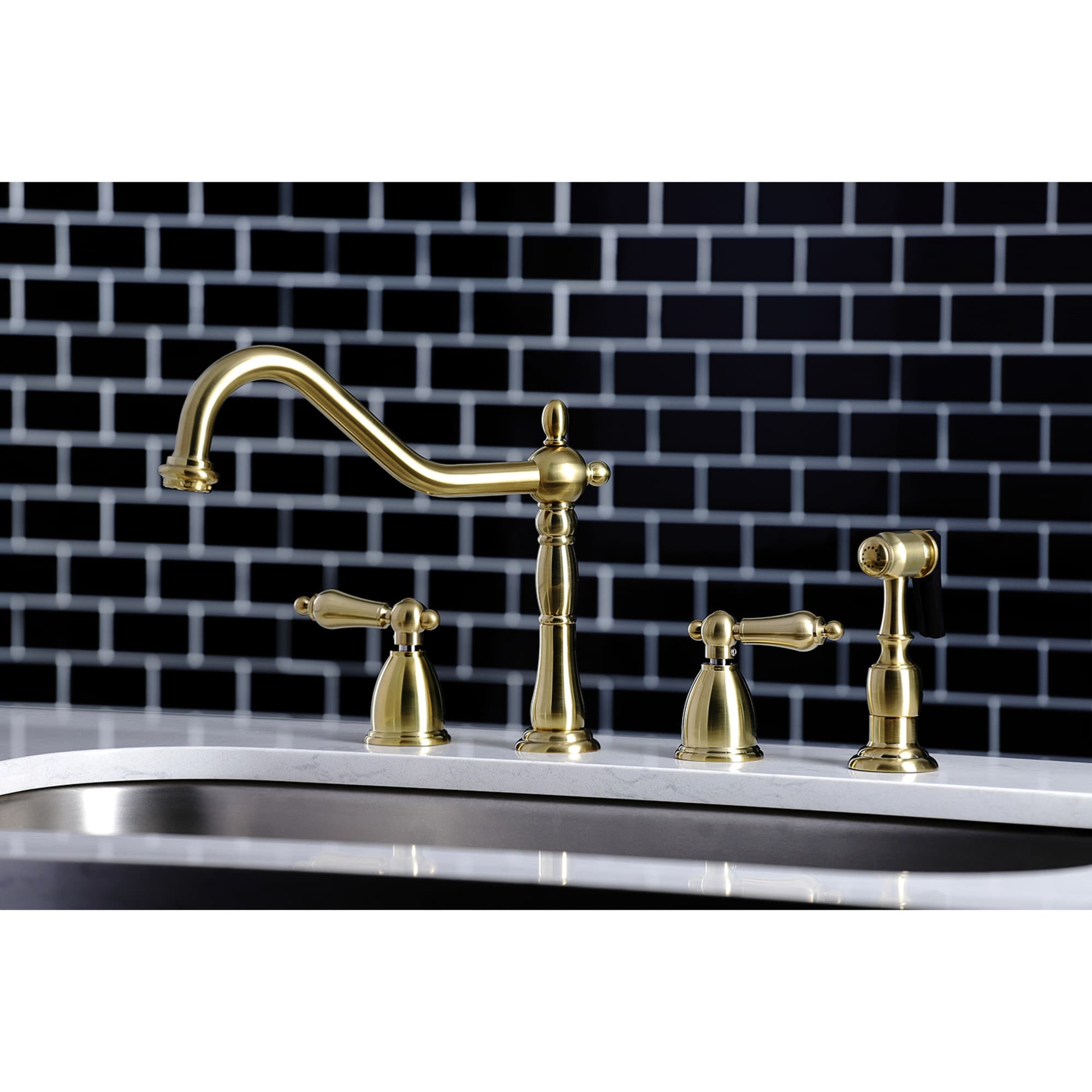 Kingston Brass WLKB1797ALBS Heritage Brushed brass Double Handle Deck-mount Kitchen Faucet with Sprayer ( Side Sprayer Included )