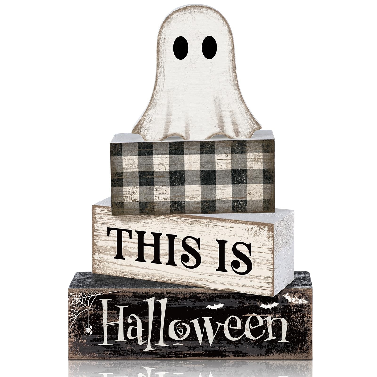 Anqtovp  4 pcs Ghost Halloween Decor Black and White Wooden Block Sign Rustic Table Centerpiece for Tiered Tray Home Shelf Kitchen Coffee Bar