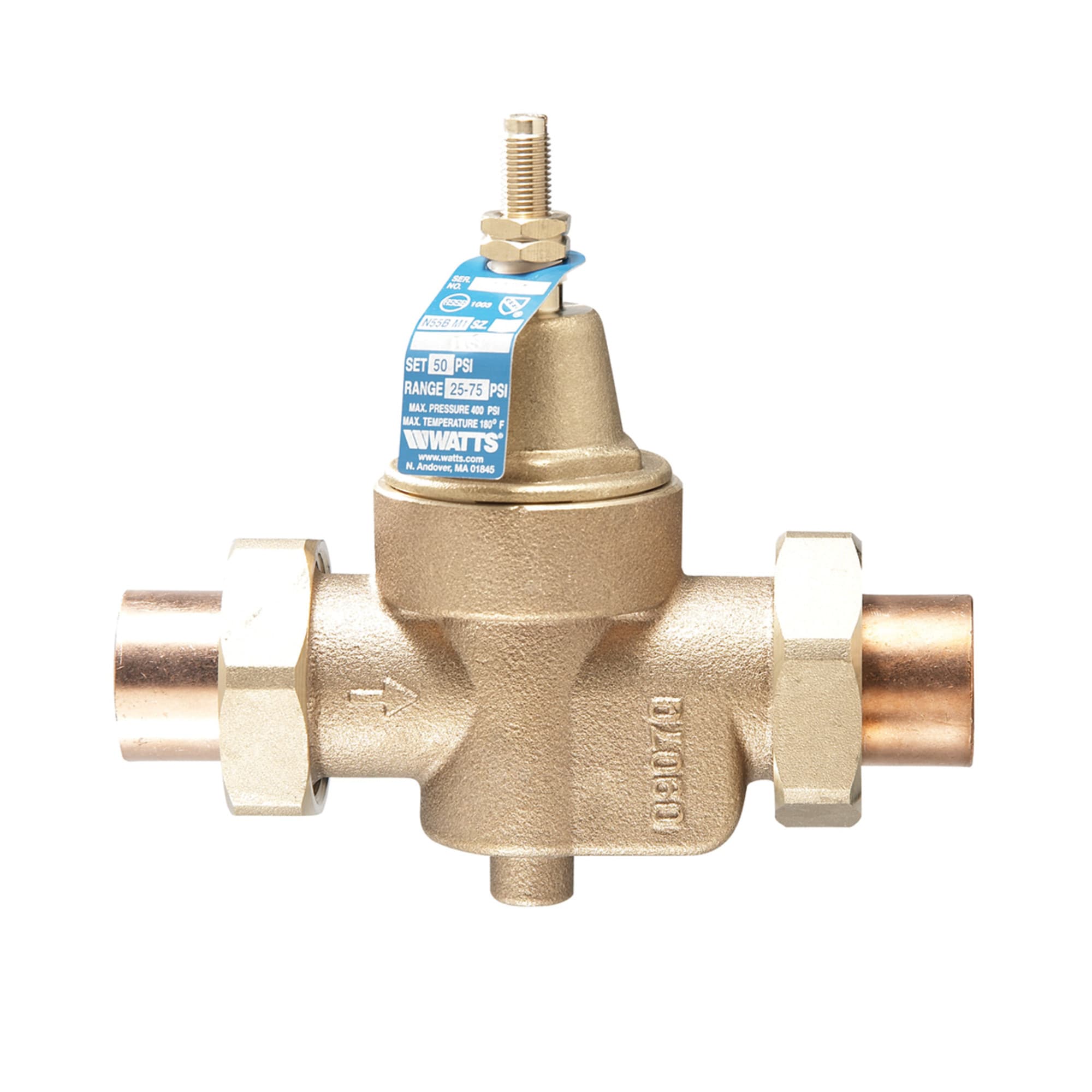 Watts 3/4-Inch Lead Free Water Pressure Reducing Valve Double Union Solder Adjust 25-75 psi Max Work 400 psi