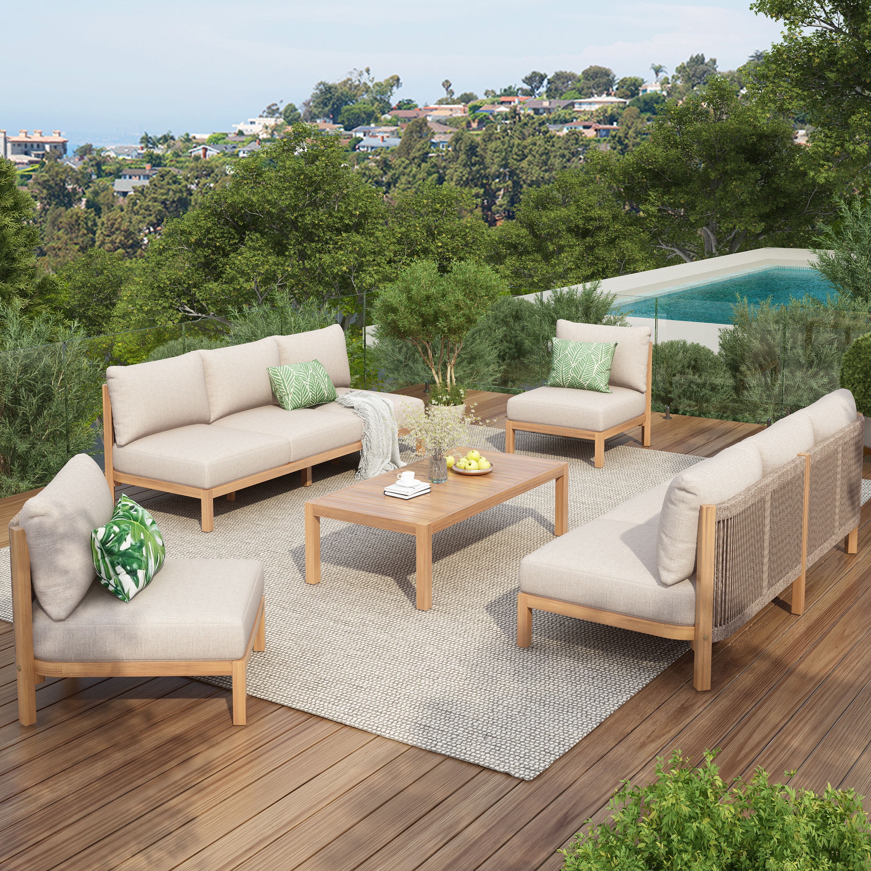 Christopher Knight Home - 5-Piece Light Teak + Beige Rope Woven and Wood Outdoor Patio Conversati...