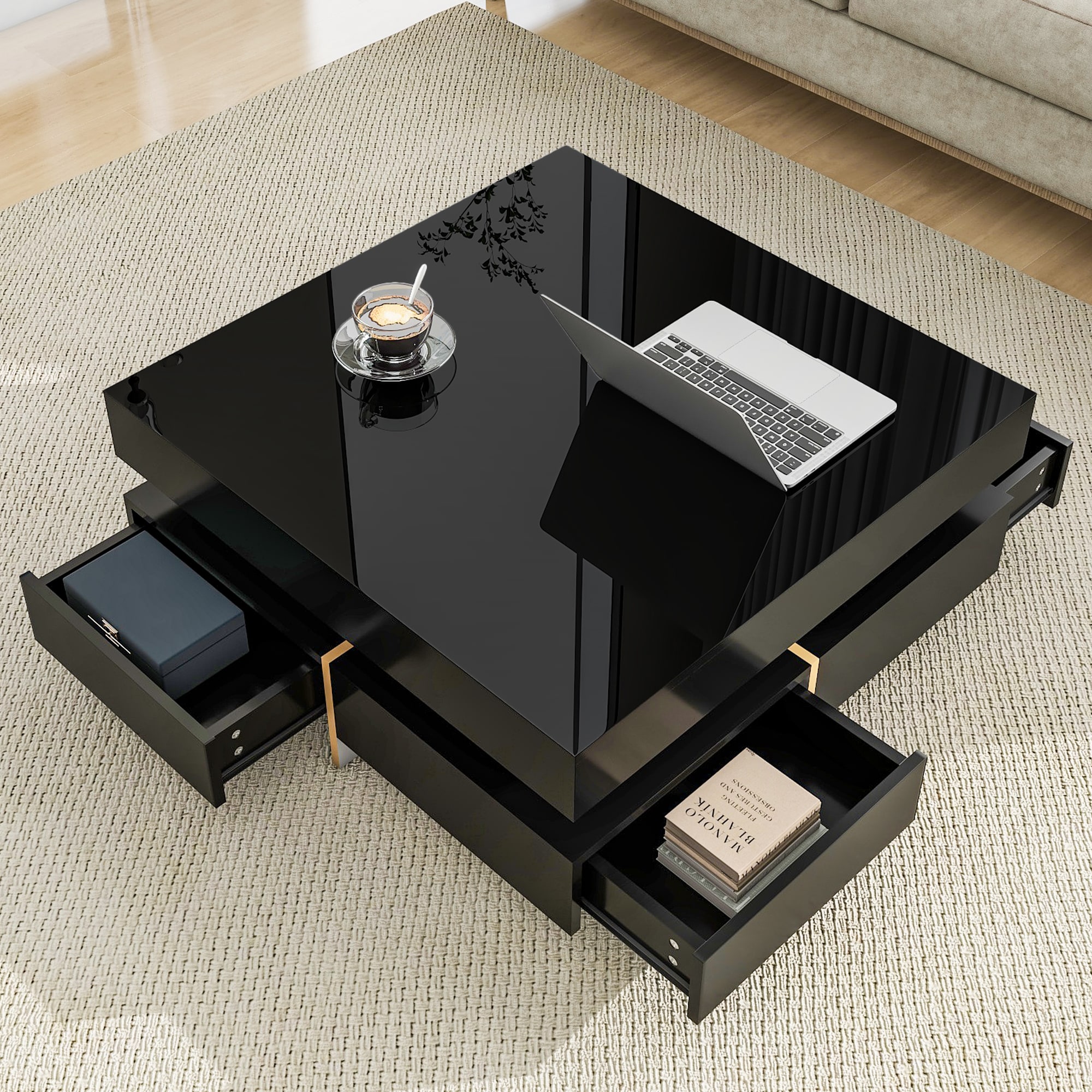 ModernLuxe WF314582AAB Modern High Gloss Coffee Table with 4 Drawers MultiStorage Square Cocktail Tea Table with Wood Grain Legs Center Table for Living Room  Black