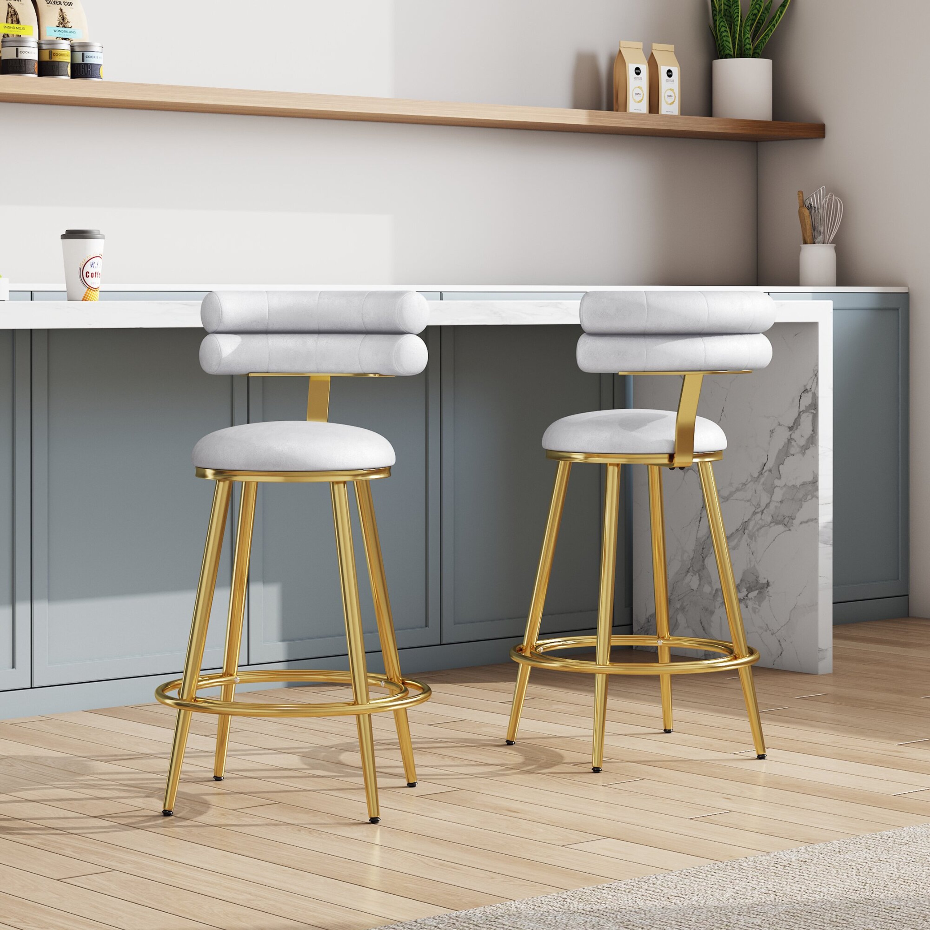ModernLuxe L3P-N780P194940W 27.65inch Modern Counter Stools Set of 2Light gray velvet Counter Stools with iron FrameSoft back and cushionFootrestsuitable for KitchenBedroomDining Room