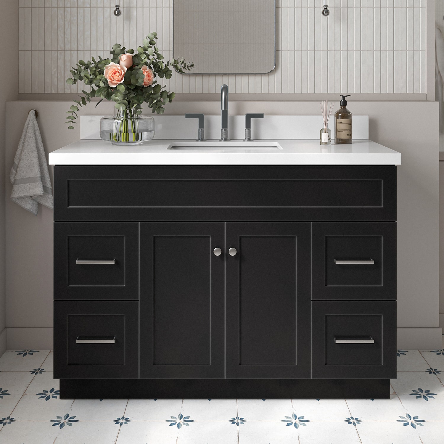 ARIEL F049S-WQ-VO-BLK Hamlet 49-in Black Undermount Single sink Bathroom Vanity with Pure White Quartz Quartz Top
