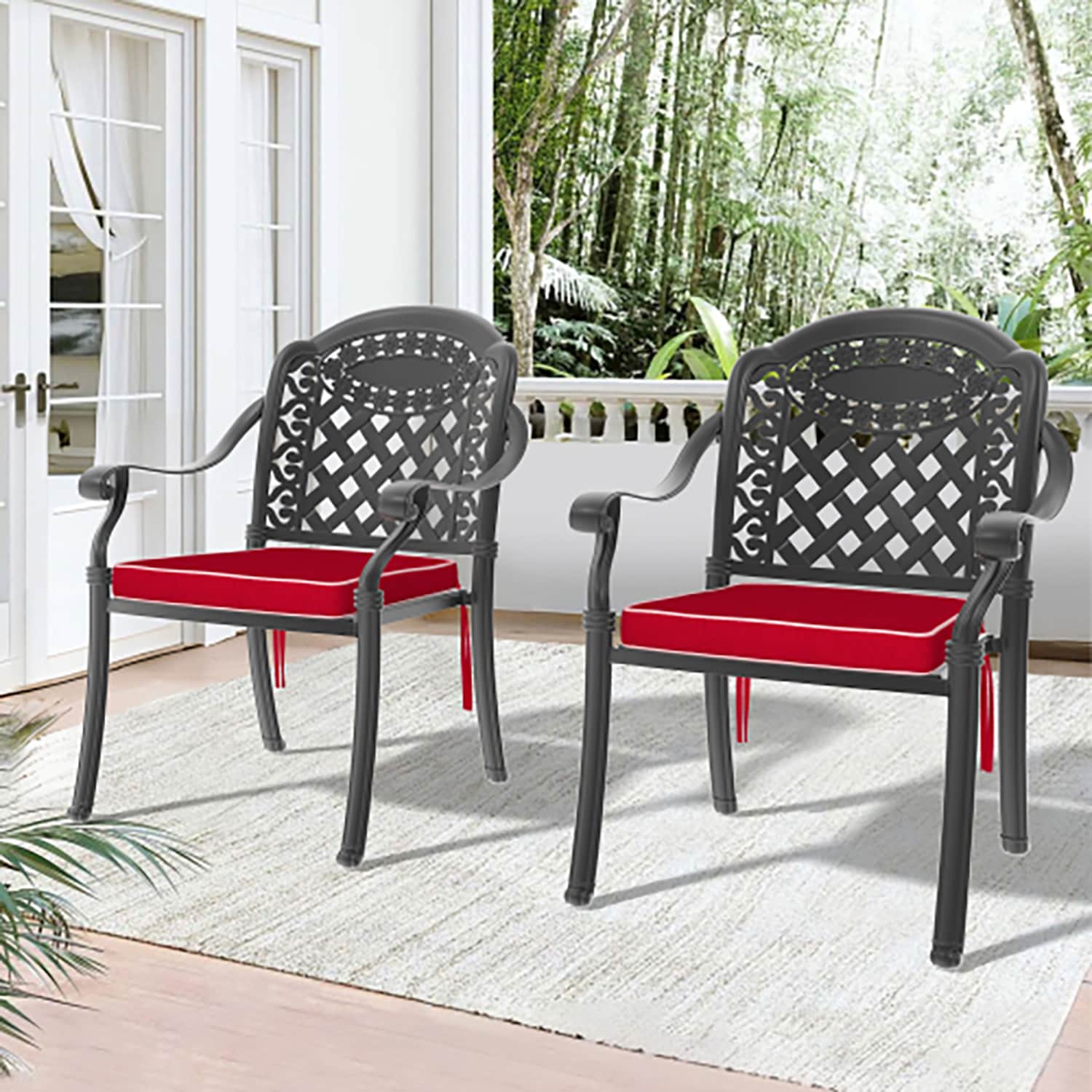 GZMR GM-DH-66003 Cast Aluminum Patio Dining Chair 2PCS Set of 2 Black Aluminum Frame Stationary Dining Chair with Black Cushioned Seat