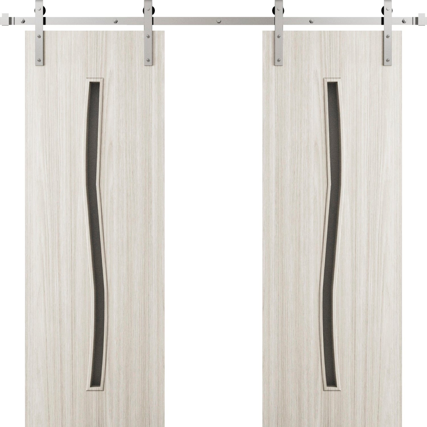 SARTODOORS Modern Double Barn Door 84 x 96 in - LUNO 2003 Oak - 14FT Silver Rail Track Set - Solid Panel Interior Doors