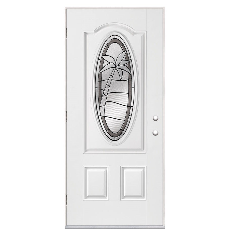 Masonite 691226 Palm Tree 36-in x 80-in Fiberglass Oval Lite Right-Hand Outswing Primed Prehung Single Front Door Insulating Core