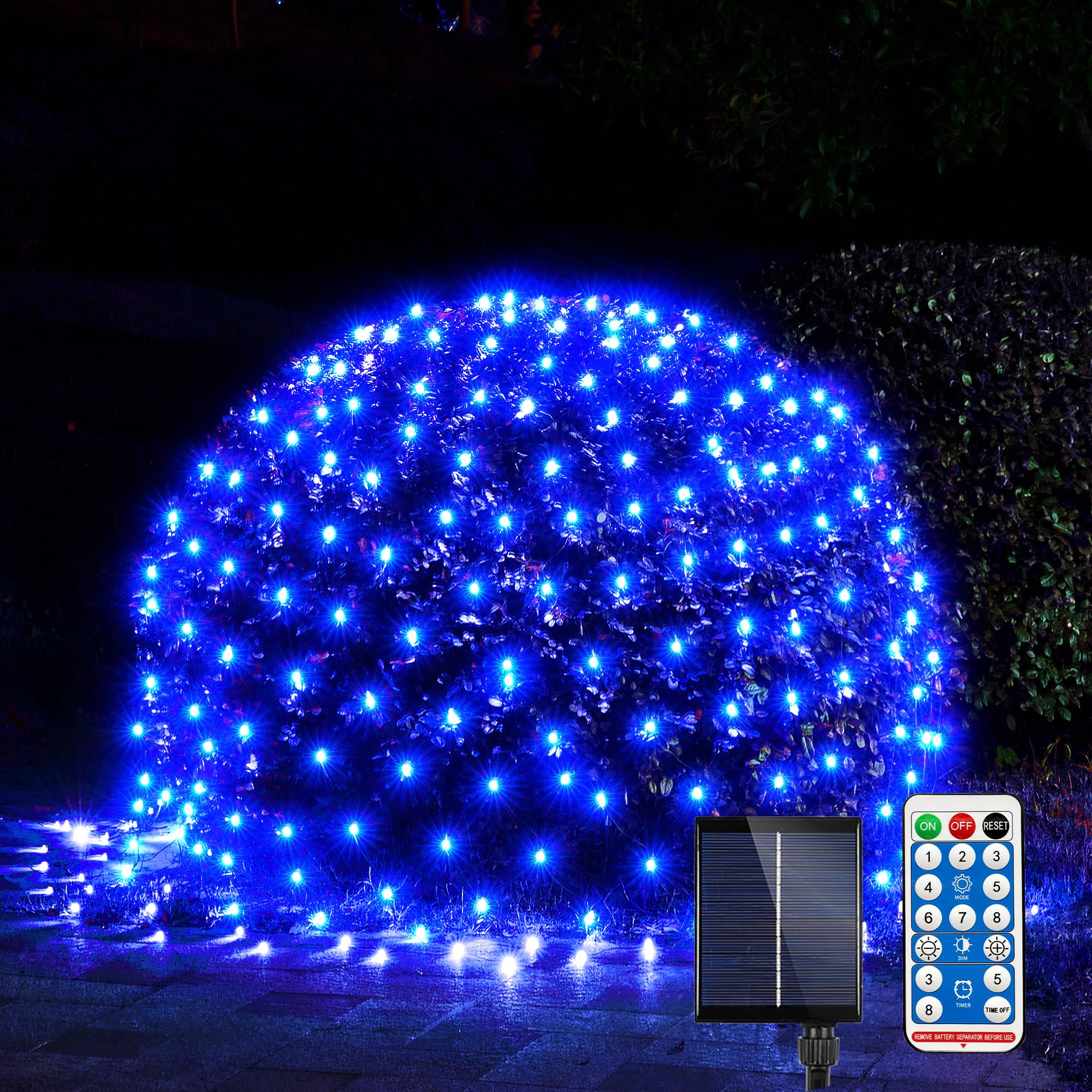 KHKFY  Solar Christmas Net Lights Outdoor 200LED 8.4ft by 5.2ft Blue LED Net Lighting with Remote 8 Modes Timer Waterproof for Lawn Bushes Trees