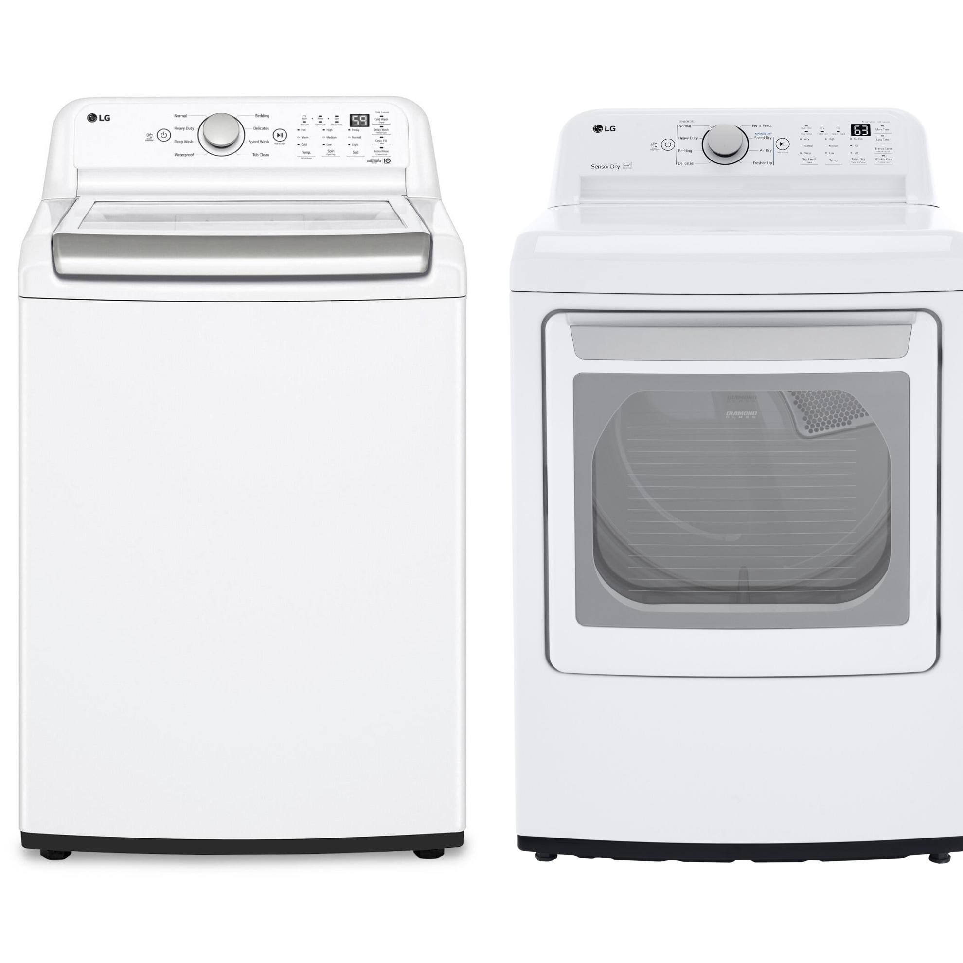 LG 4.8 cu ft High Efficiency Agitator Top Load Washer and 7.3 cu ft Gas Dryer Set, White