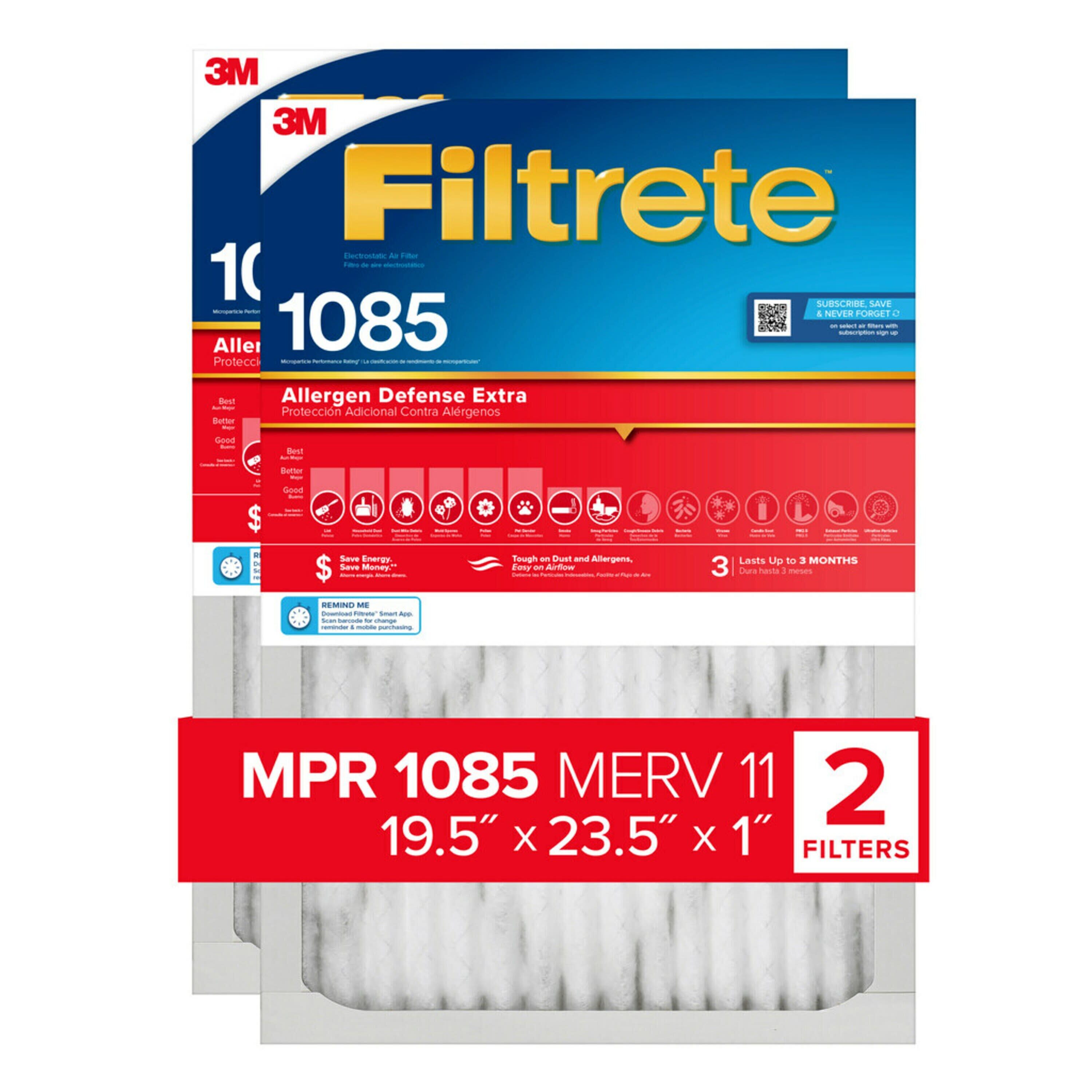 Filtrete 12112-2PK 19.5-in W x 23.5-in L x 1-in MERV 11 1085 MPR Allergen Defense Extra Electrostatic Pleated Air Filter (2-Pack)
