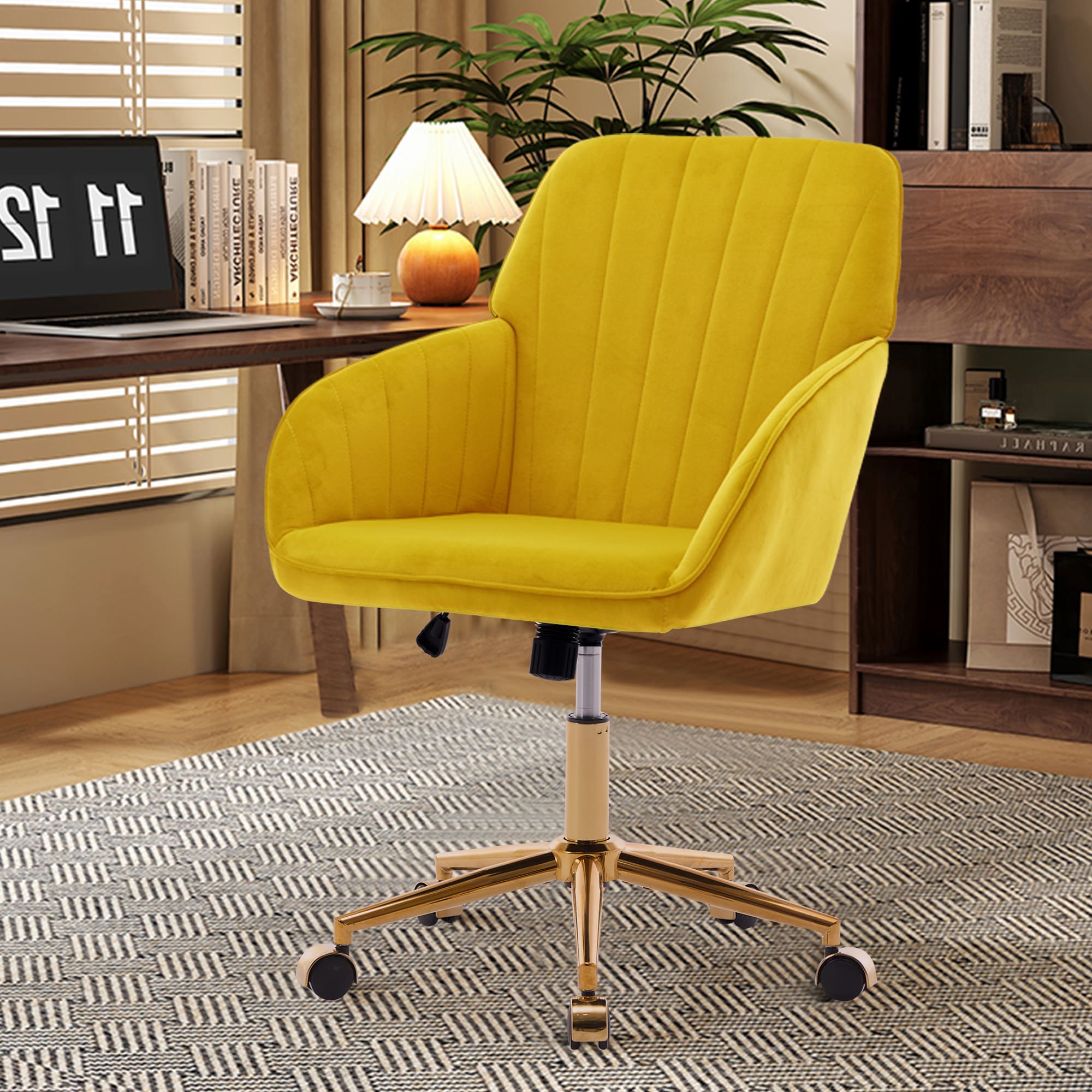 KTMBDW Home Office Desk Chair - Ergonomic Adjustable Swivel Armchair - Comfy Velvet Desk Vanity Chair for Home Bedroom -Yellow