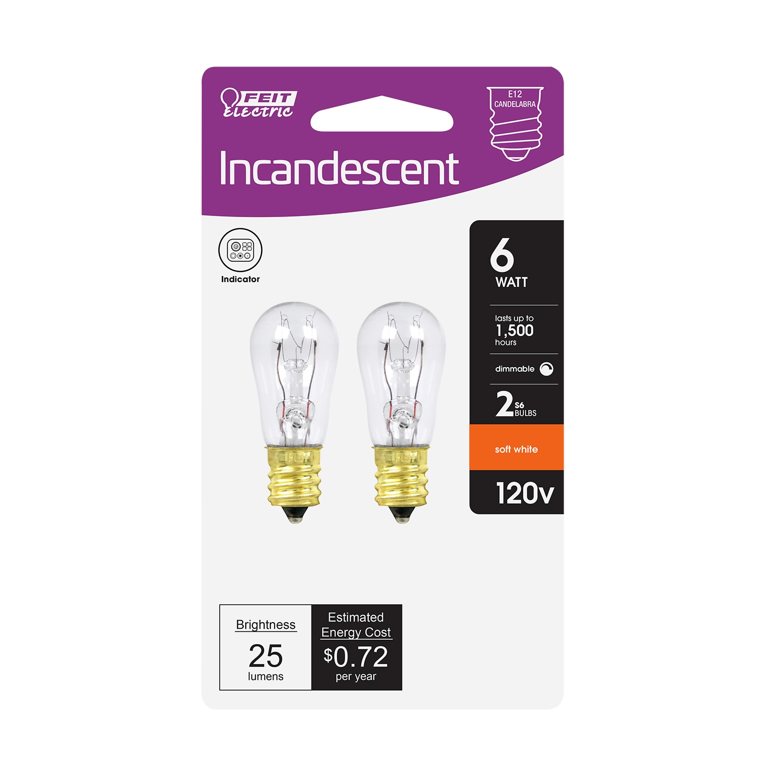Feit Electric BP6S6/HDRP/12 6 -Watt EQ S6 Soft white Candelabra base (E-12) Dimmable Incandescent Specialty Light Bulb 2 -Pack