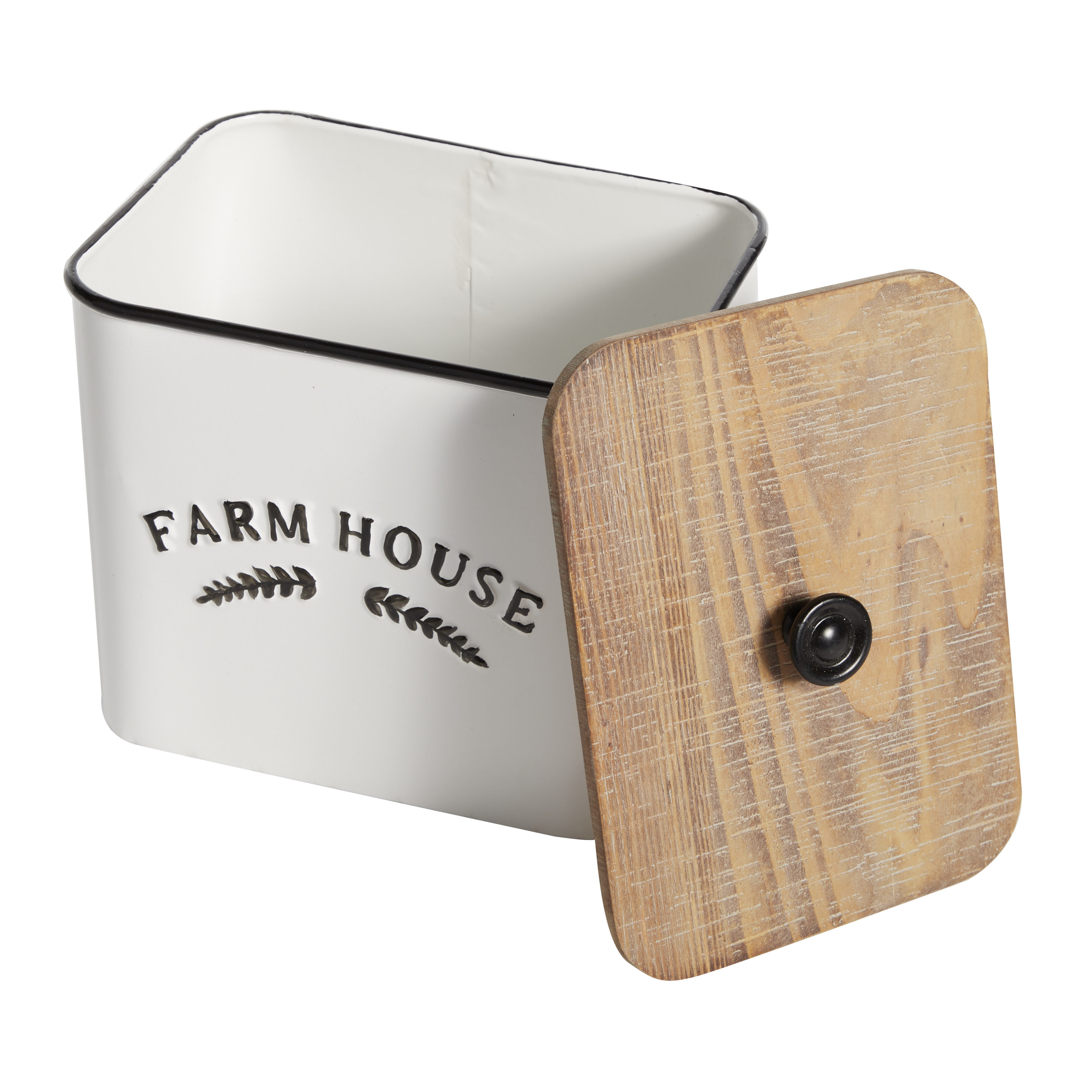 Farmhouse White Metal Canisters with Wood Lids, Set of 3