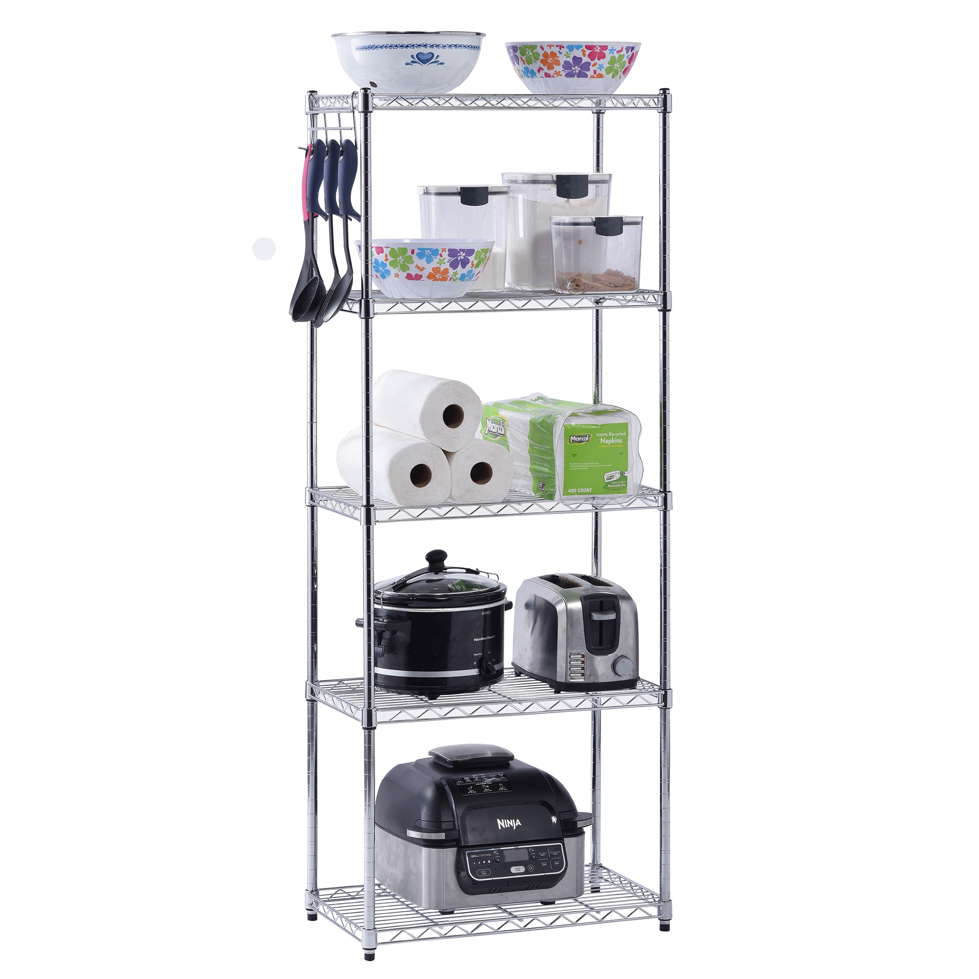 Adjustable Chrome 5-Tier Wire Shelving Unit for Kitchen and Garage