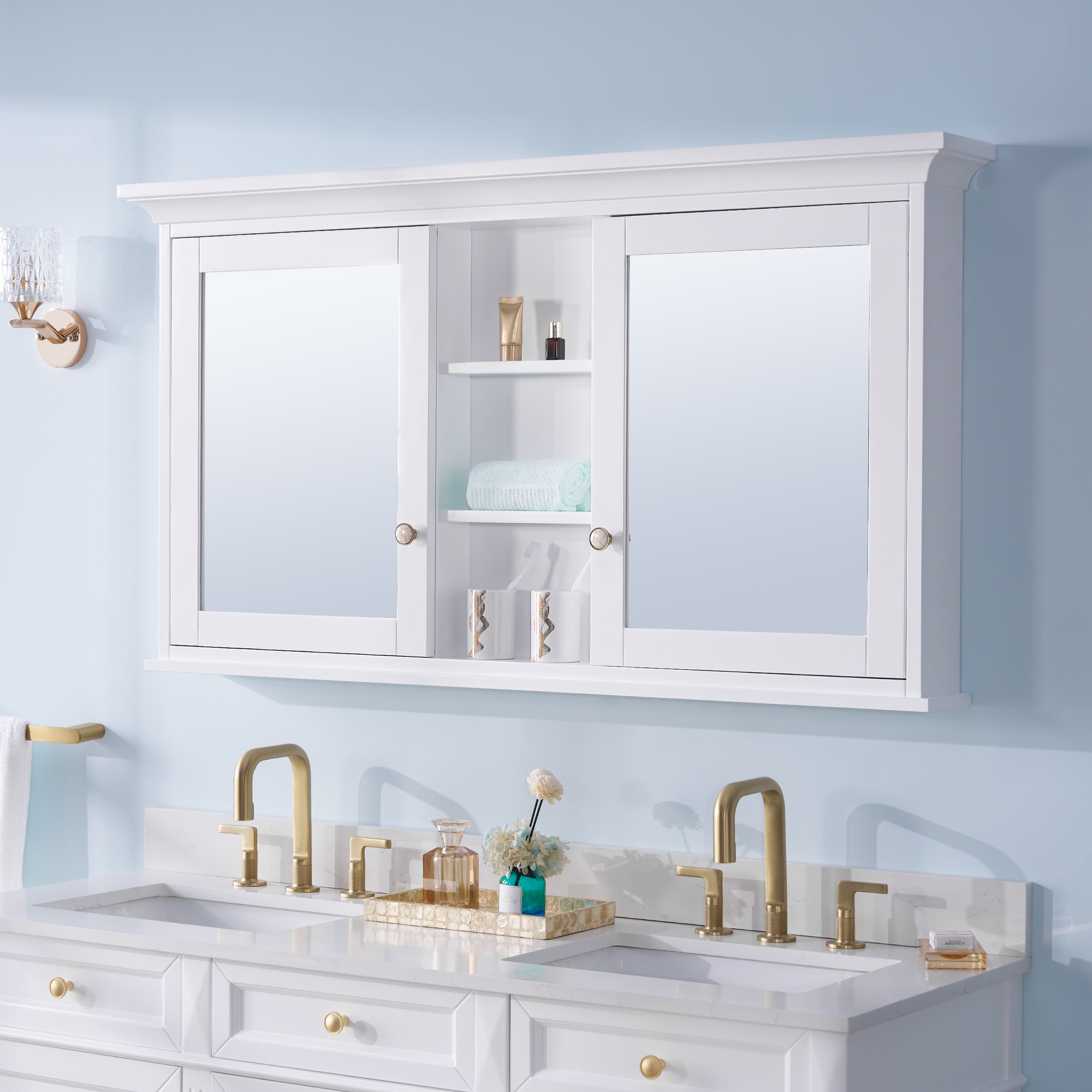 Forclover 55-in x 30-in Surface Mount White Mirrored Soft Close Medicine Cabinet