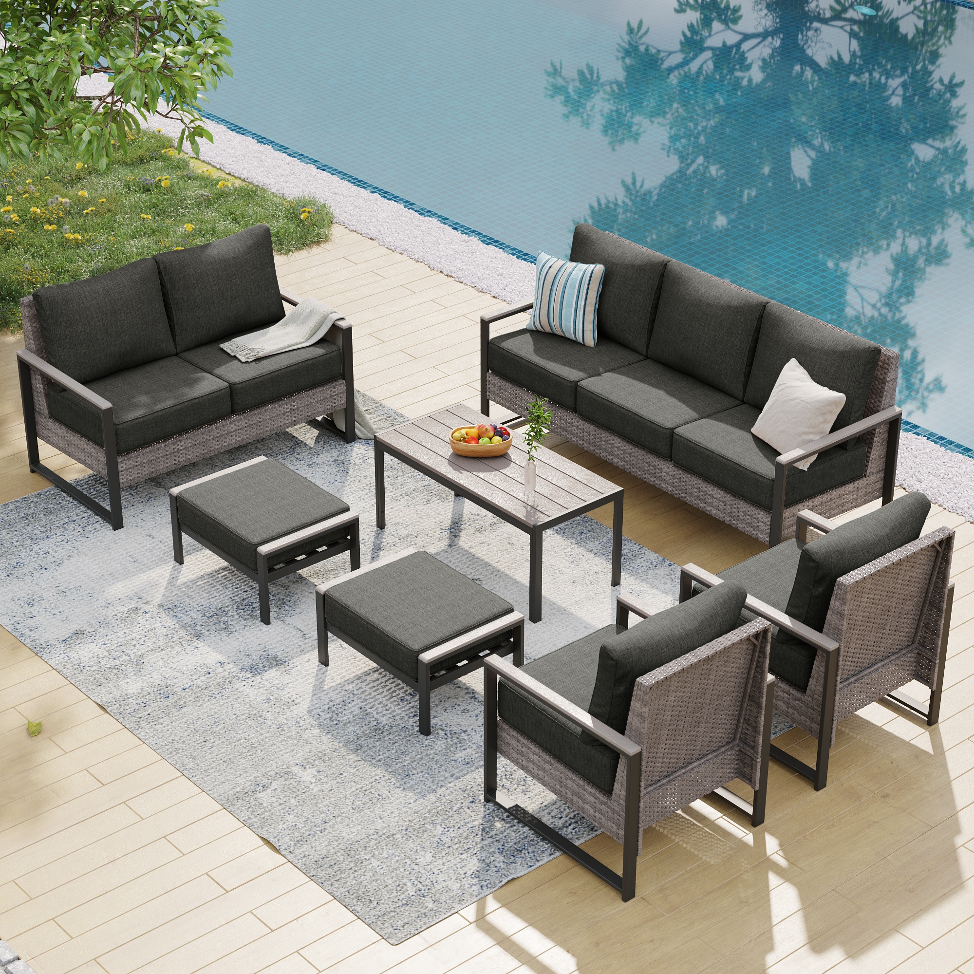ACEGOSES LW-148HBK-S3T6 Skytop 7 -Piece Wicker Patio Sofa Conversation Set with Black Cushions
