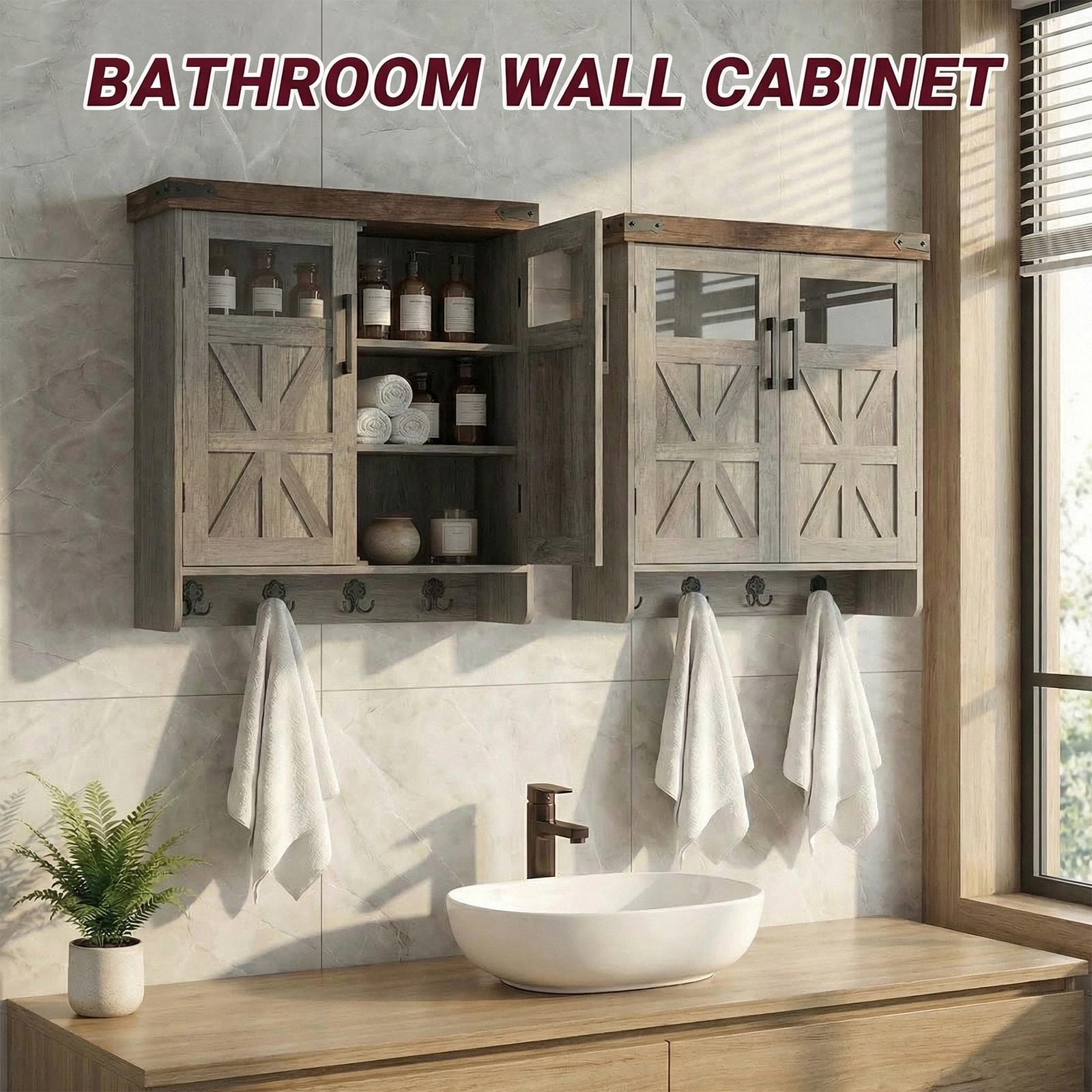 GlasFlength  24-Inch Bathroom Wall Cabinet Over Toilet with Adjustable Shelves Towel Hook Space Saving Storage Organizer for Bathroom Kitchen Garage Grey Brown
