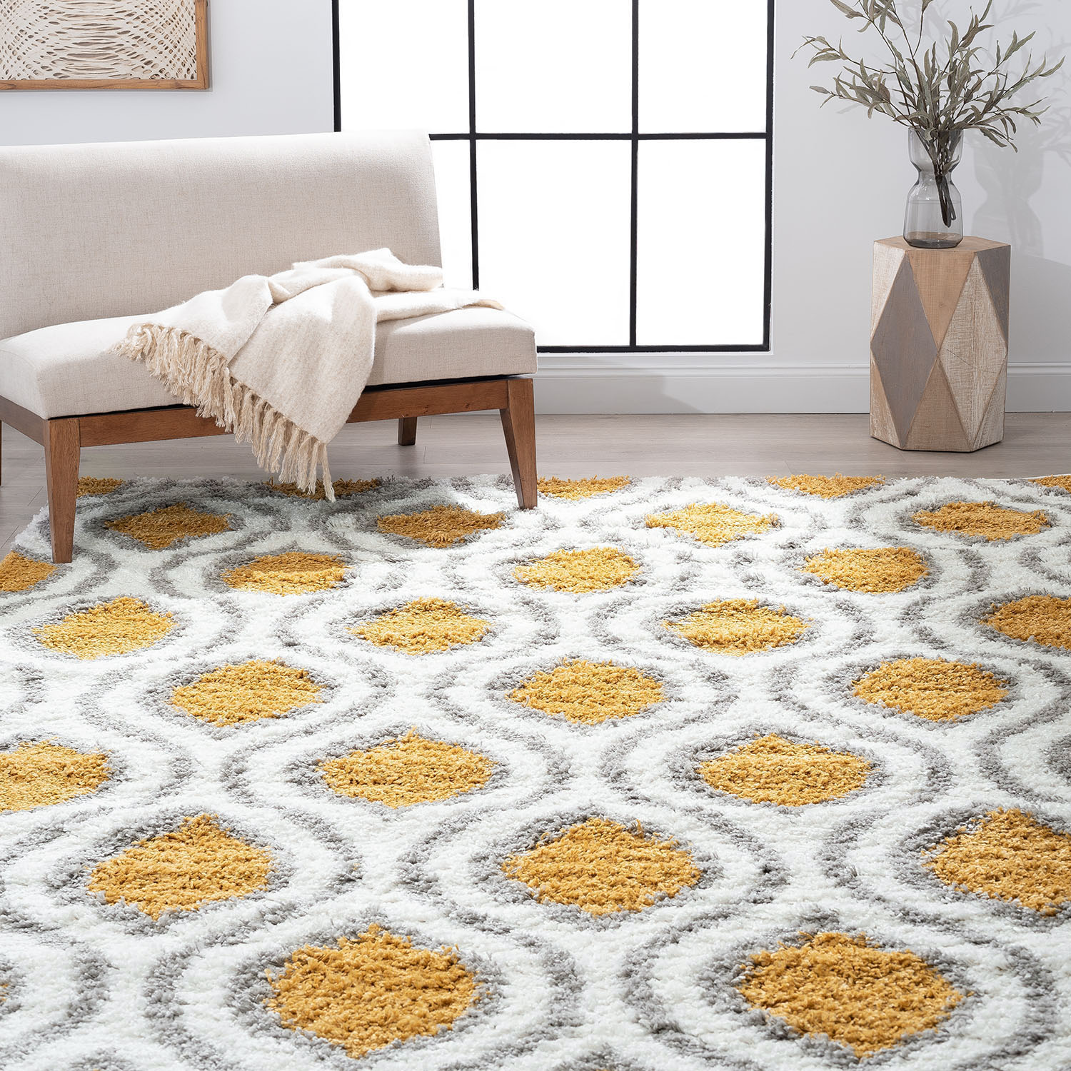 Tayse UPT1028 5X8 Uptown Shag 5 x 8 (ft) Loomed Polypropylene White/Gold Rectangular Indoor Area rug